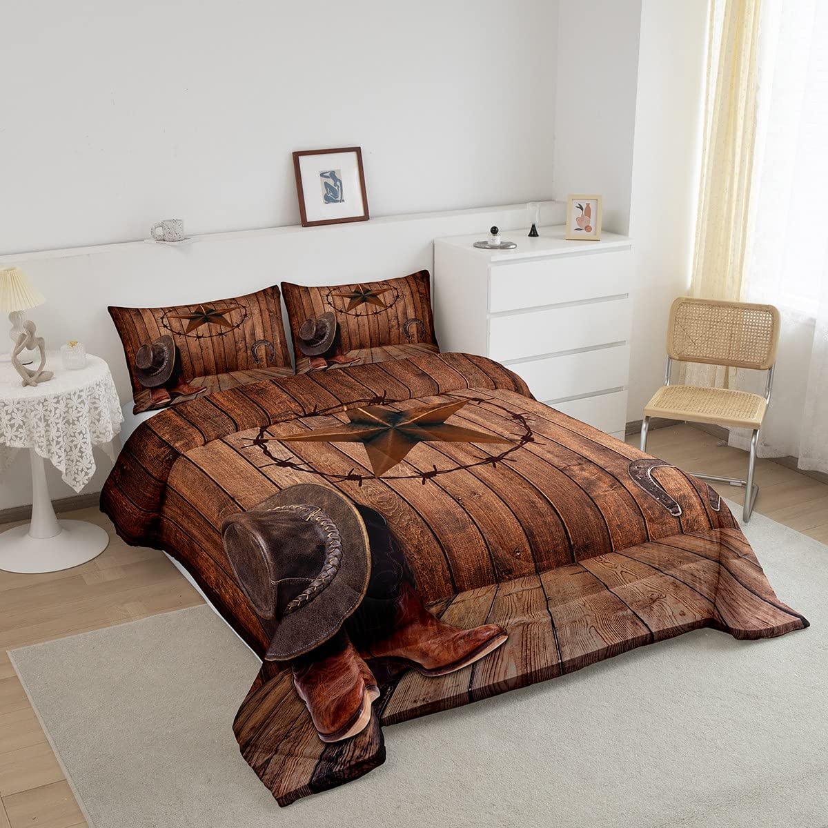 Manfei Western Texas Star Kids Comforter Set Full Size,Cowboy Horseshoe Old Wooden Door Bedding Set,Girls Boys Adults Room Decor,Rustic Farmhouse Down Comforter,Brown Retro Duvet Insert,2 Pillowcases