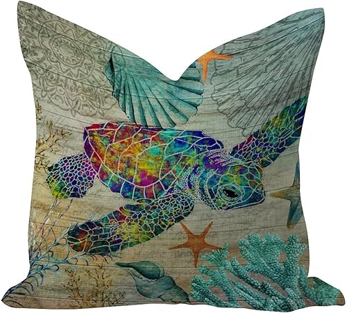 Fundas de almohada de 24 x 24 pulgadas, diseño náutico de playa, océano, tortuga subacuática, decoración de primavera, fundas de almohada