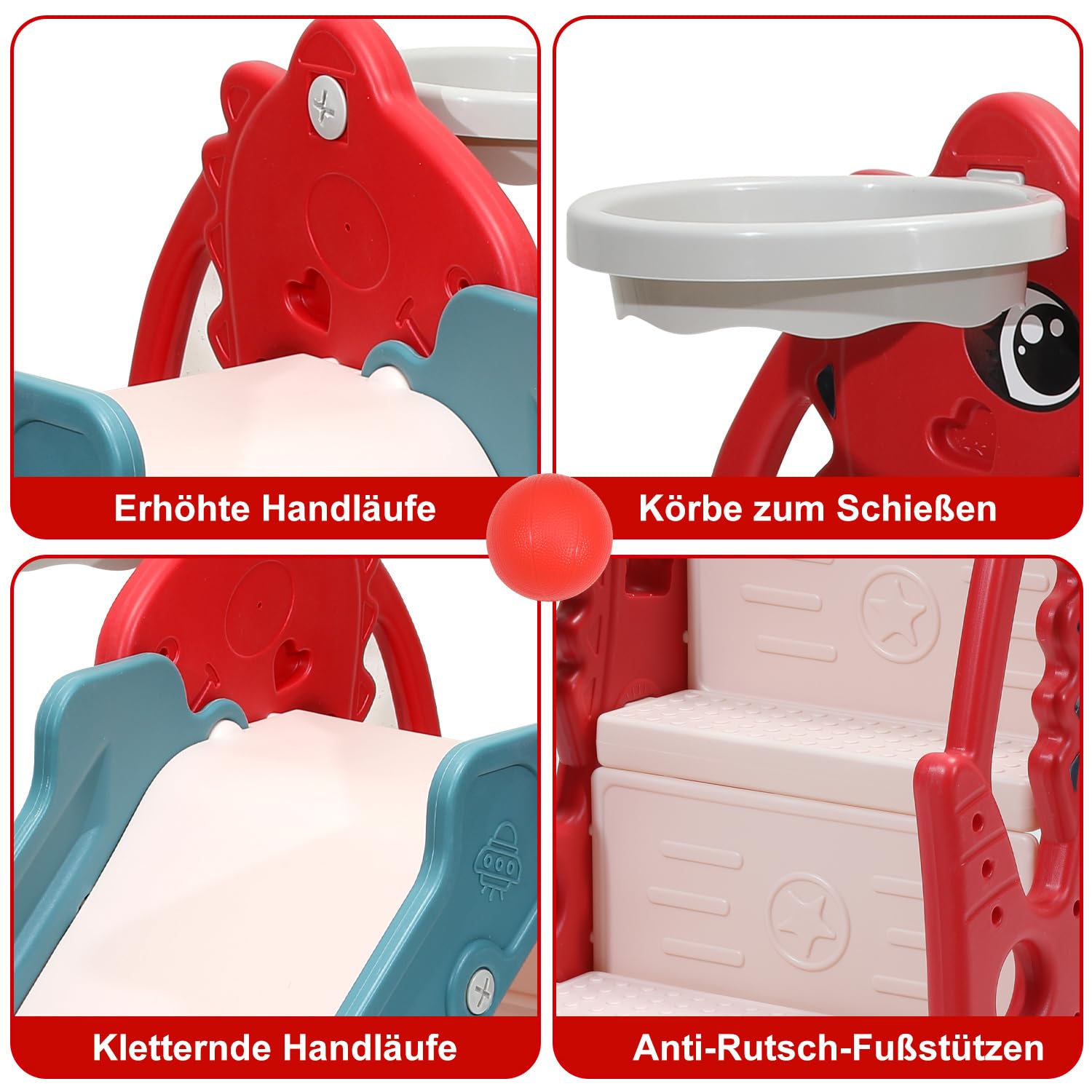 4-in-1 Kinderrutsche Faltbar, Kinder Fun-Slide mit Basketballkorb, Rutsche ab 1 Jahr, Indoor & Outdoor Rutschbahn, Baby Rutsche Gartenrutsche -Rot