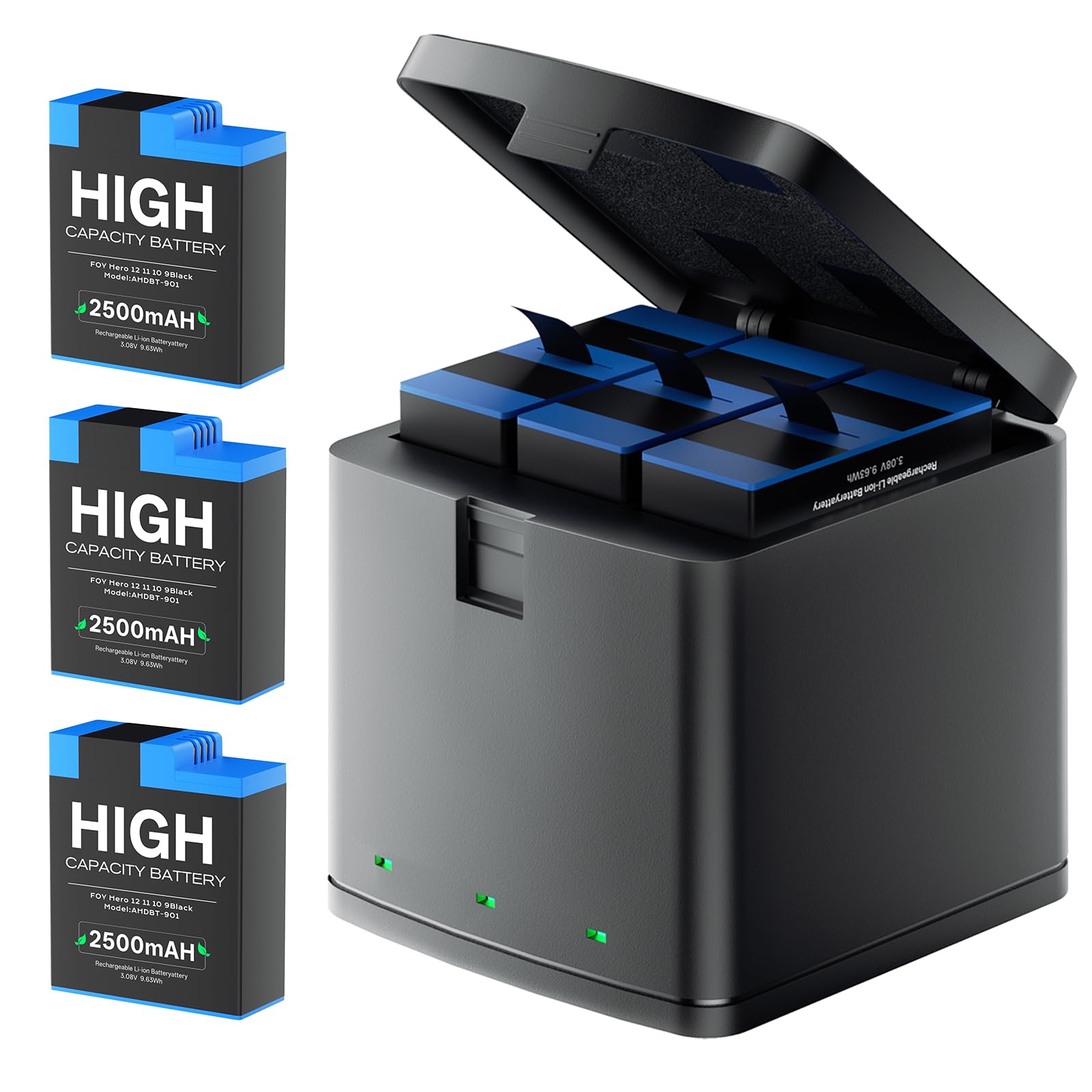 Lot de 3 Batteries Rechargeables pour GoPro Hero 12, 11, 10 et 9 avec kit de Chargeur USB à 3 Ports, Batteries de Remplacement Haute capacité de 2500 mAh (Lot de 3 Batteries + Ladegerät)