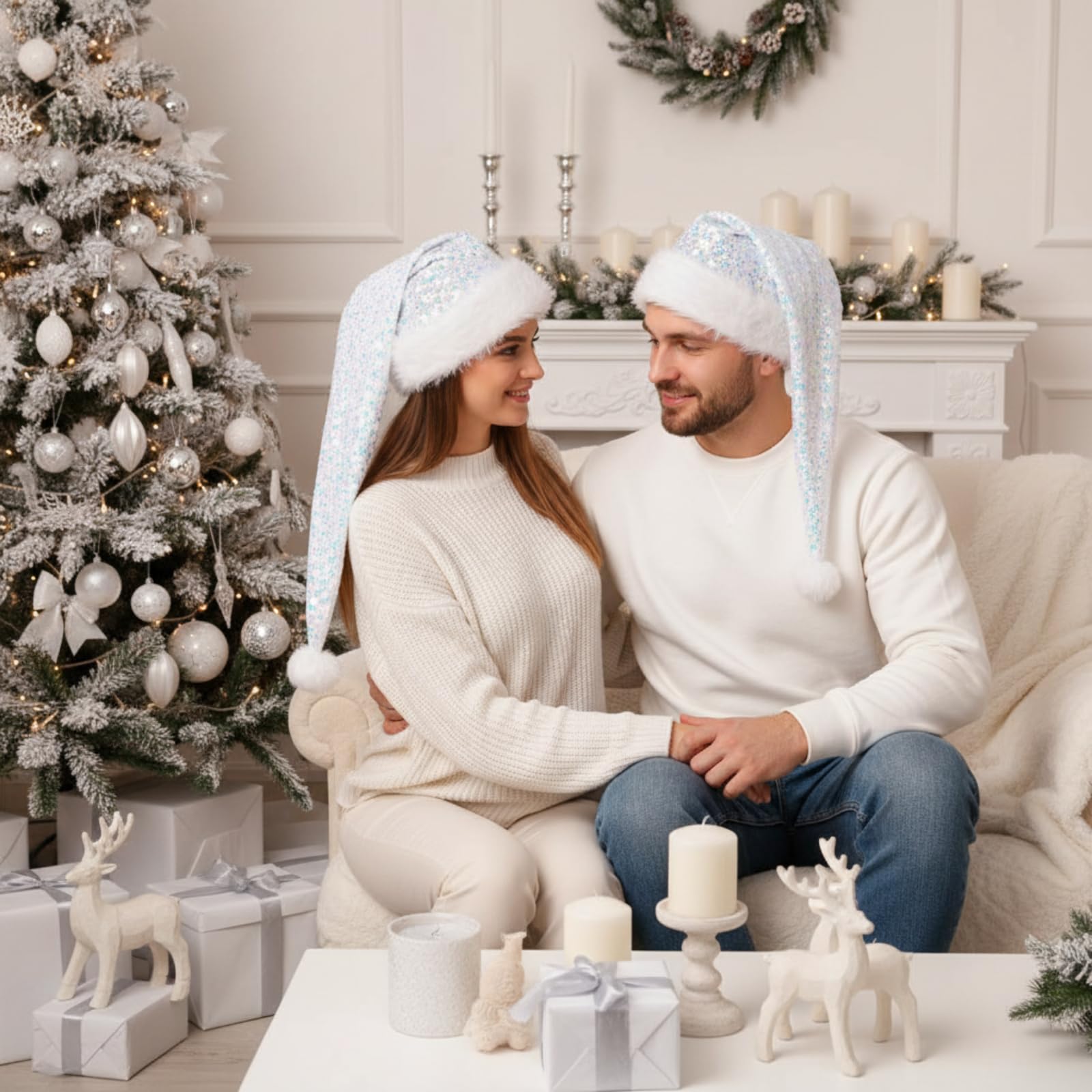 Glitopper 2 sombreros de Papá Noel con lentejuelas brillantes y pompón para adultos, mujeres y hombres, Navidad, Año Nuevo