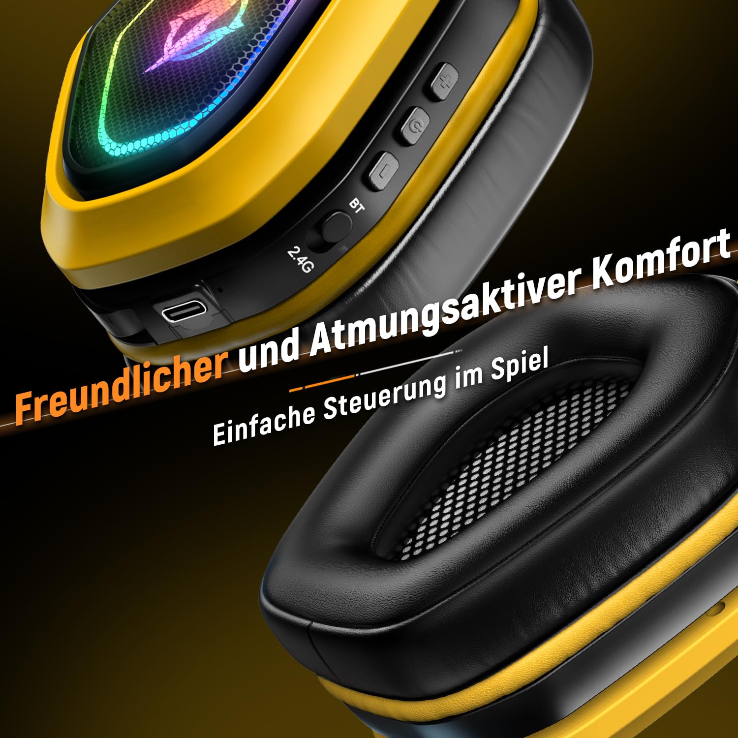 Ozeino Gaming Headset für Ps4 Ps5 PC, Ps5 Headset mit 2.4GHz Wireless Bluetooth Noise Cancelling, 30 Stunden Akkulaufzeit, Lightweight, Gelb Und Schwarz