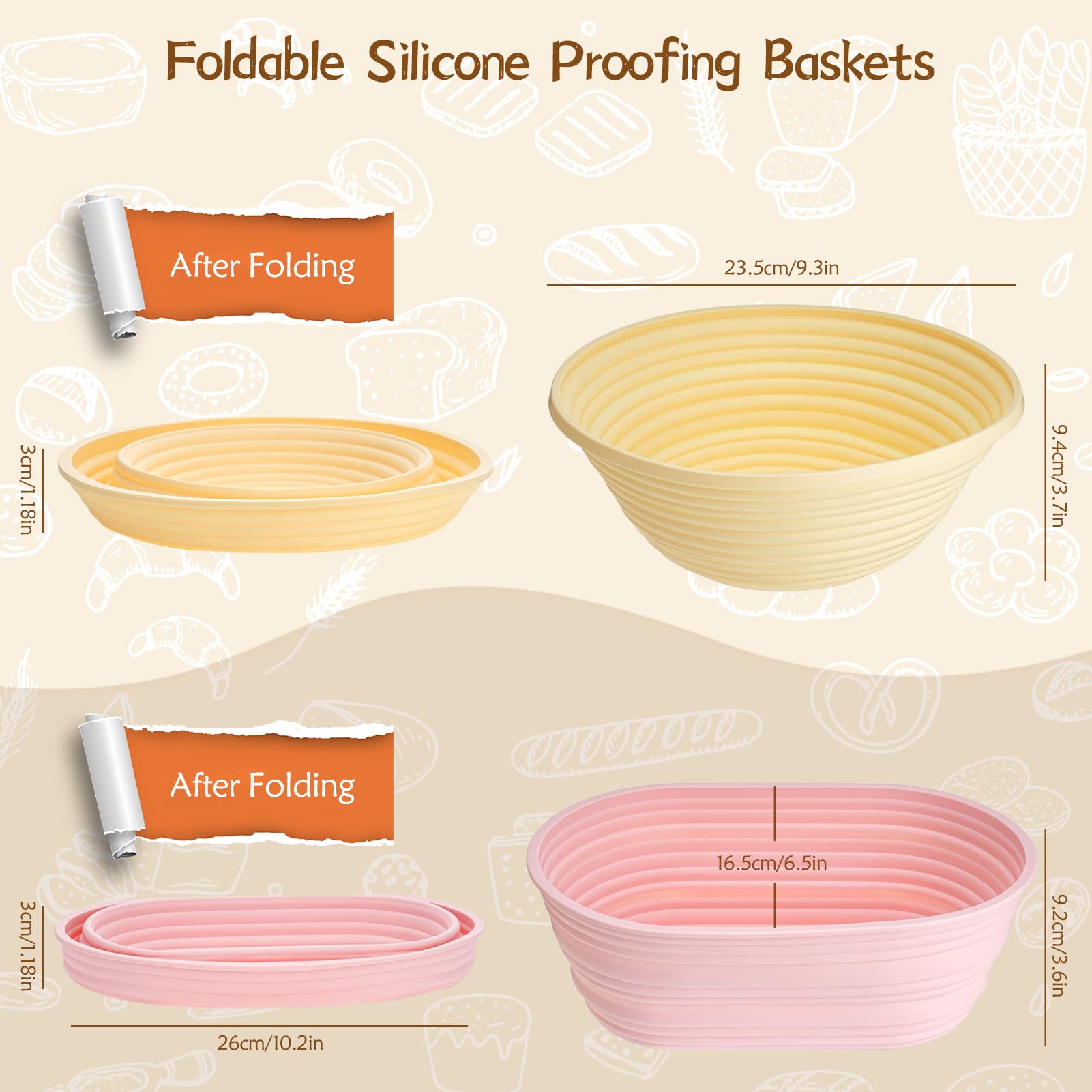 Set Cestini Lievitazione Pane Pieghevoli - 23cm Rotondo E 25cm Ovale Con Accessori - Foto 4