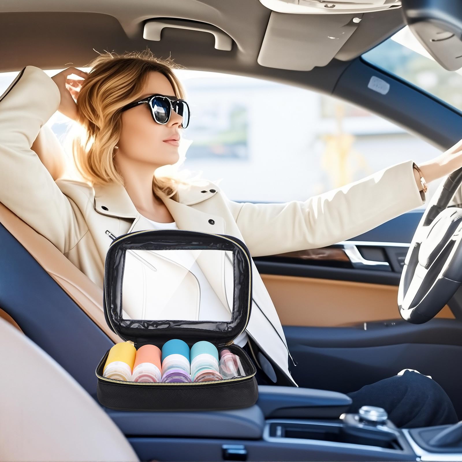Kigeli 4 trousse trasparenti da viaggio per articoli da toeletta, piccole custodie per cosmetici, impermeabili, portatili, in pelle, con cerniera, organizer per auto, accessori essenziali per donne