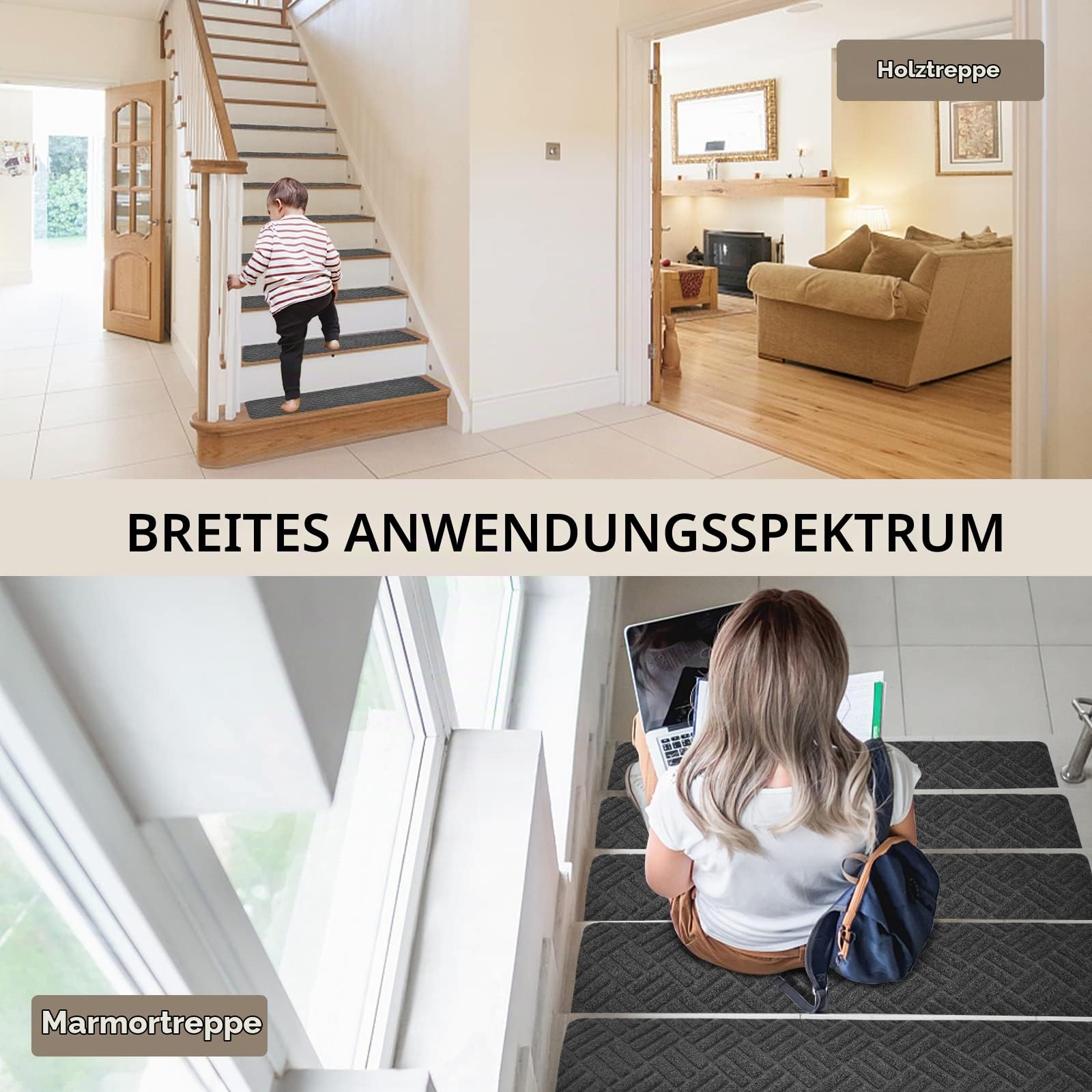 Stufenmatten Selbstklebend 76x20 cm Treppenstufen Matten, 15 Stück Rutschschutz Treppenteppich für Holzstufen im Innenbereich, Stufenteppich Teppich-Treppenstufen für Kinder Ältere Haustiere, Grau(02)
