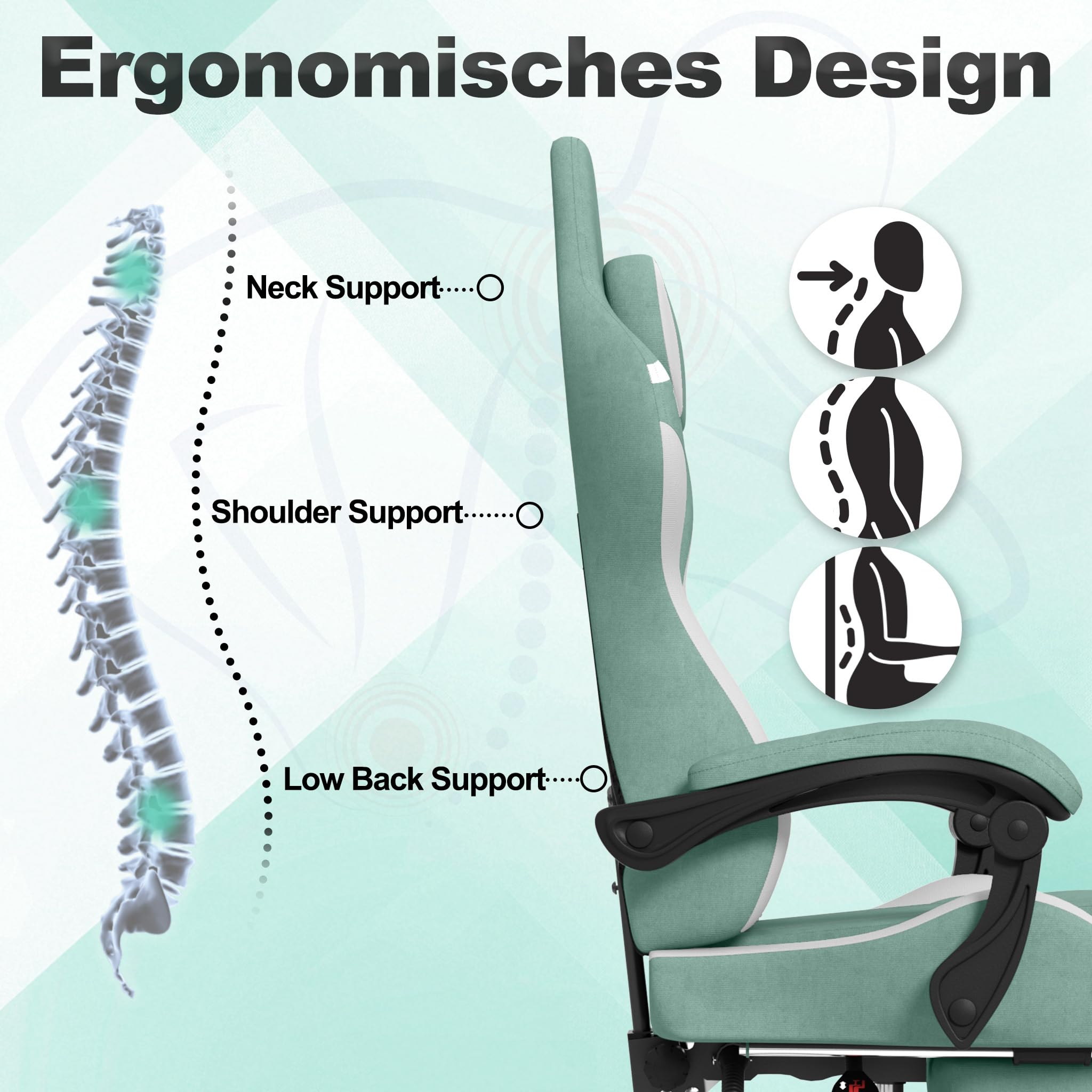 ACXIN Silla de gaming con reposapiés y reposacabezas, silla ergonómica para gaming con cojín lumbar de masaje, respaldo ajustable 90-135°, reposabrazos acolchados para gamer - Verde