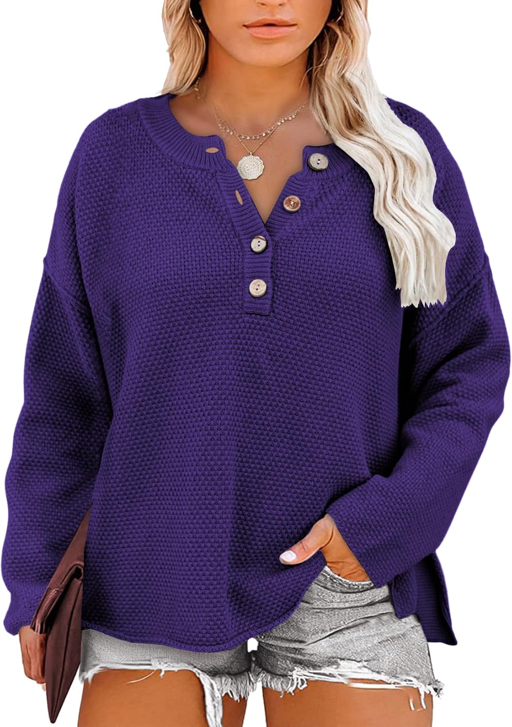 Womens Plus Size Sweaters Tops Long Sleeve V Neck Button Henley Tops Loose Casual Pullover Knit Shirts
