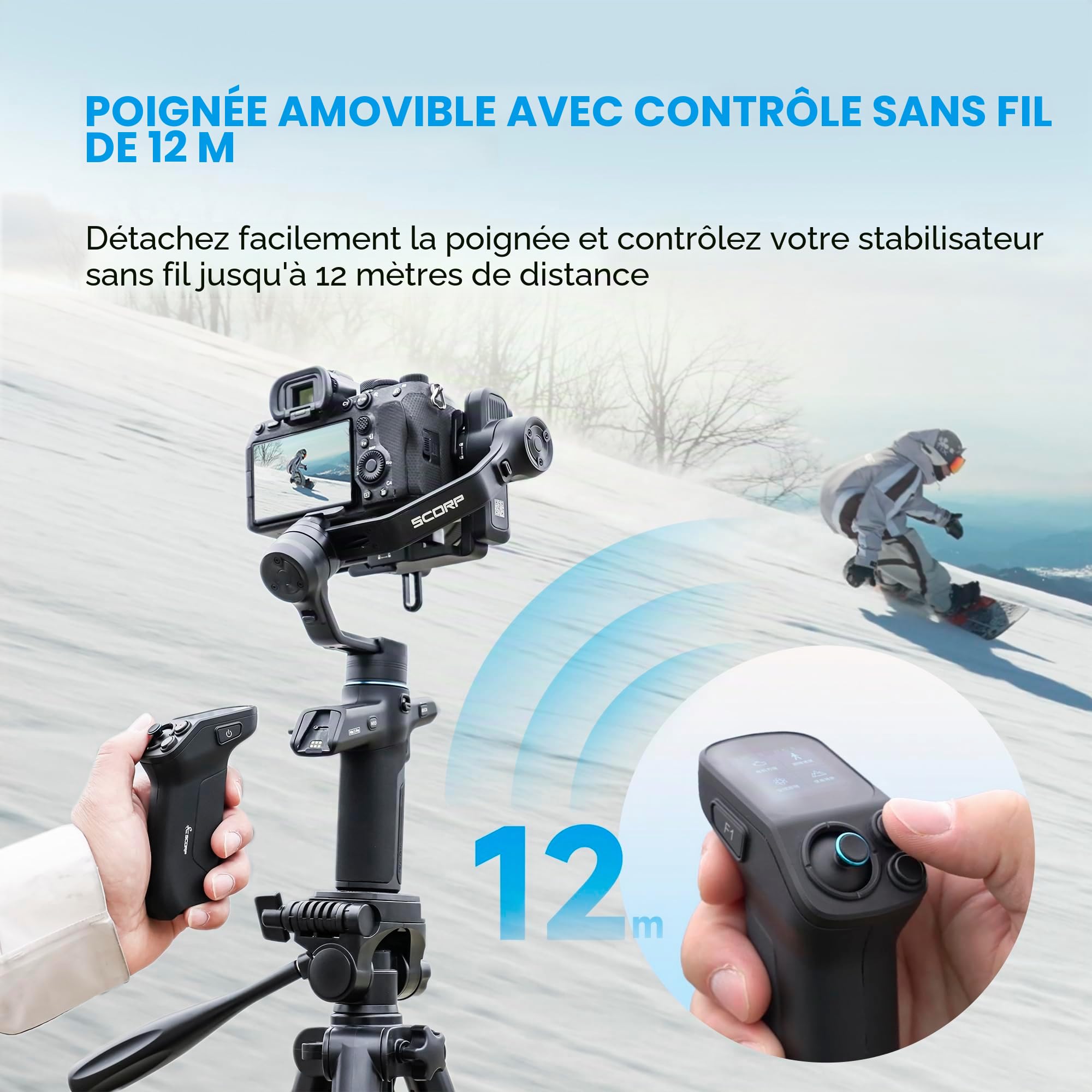 FeiyuTech SCORP Mini 3 Pro-3 Axis Stabilisateur de cardan tout en un, suivi IA 4.0 intégré, poignée détachée, charge utile de 2 kg, contrôle gestuel, port d'extension 6,35 mm, pour appareil photo et