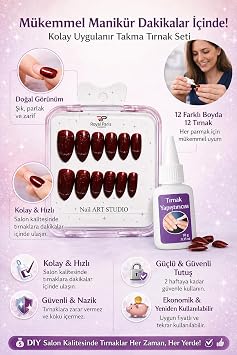 Bordo Simli Takma Tırnak Seti, Yapıştırıcılı, Uzun Badem, Form, Dayanıklı Press On Nail Art, Evde Kolay Uygulama, Şık ve Parlak Görünüm