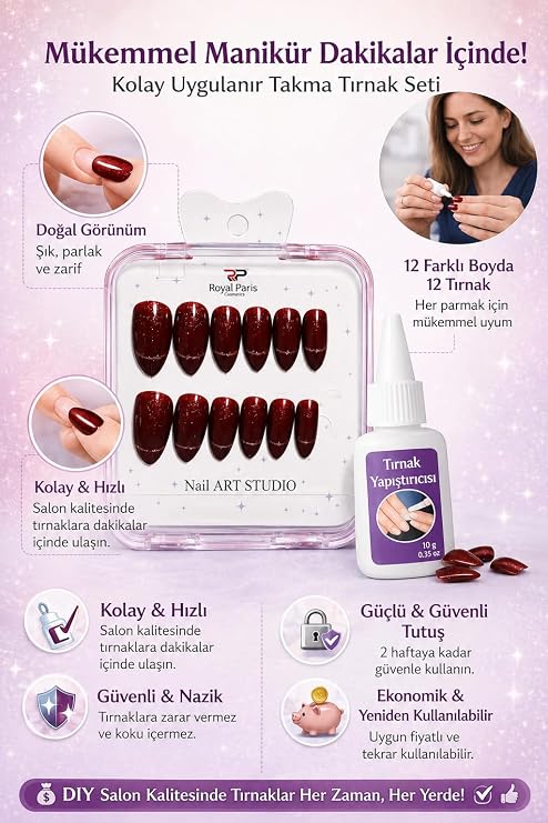 Bordo Simli Takma Tırnak Seti, Yapıştırıcılı, Uzun Badem, Form, Dayanıklı Press On Nail Art, Evde Kolay Uygulama, Şık ve Parlak Görünüm