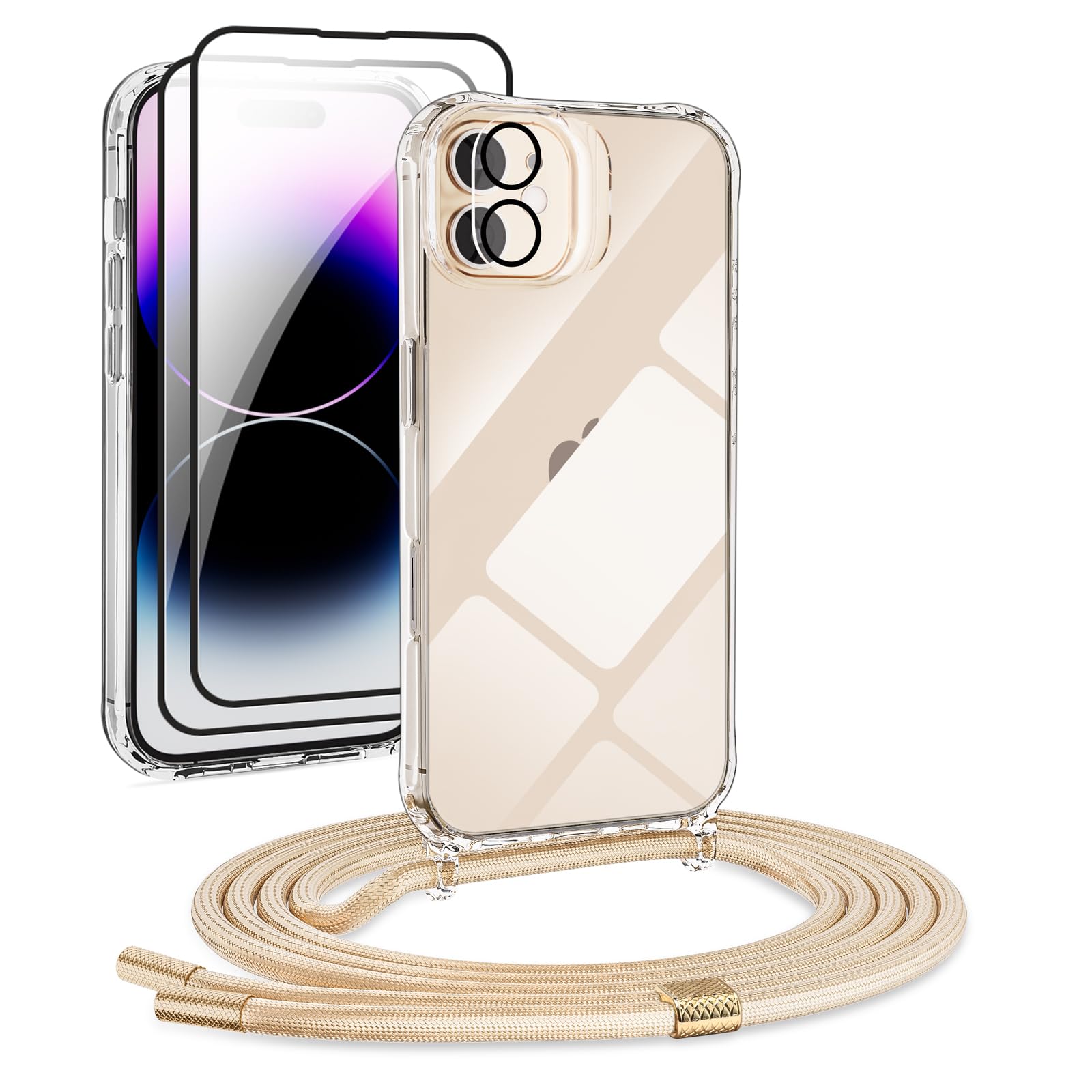 [5 in 1] 1*Handykette Set für iPhone 12 6.1 Hülle mit Band + 1*Transparent Schutzhülle+2*Schutzfolie+1*kameraschutz Glas, Abnehmbar Necklace Stylische Handyhülle zum Umhängen Kordel Case (Gold)