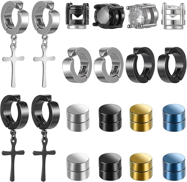 ASTER 10 Pairs Magnetic Stud Earrings Stainless Steel Magnetic Earrings Non Piercing Cross Fake Earrings, Clip on Earring Magnet Earring for Men,Women,Kids,Girls(4 Styles)