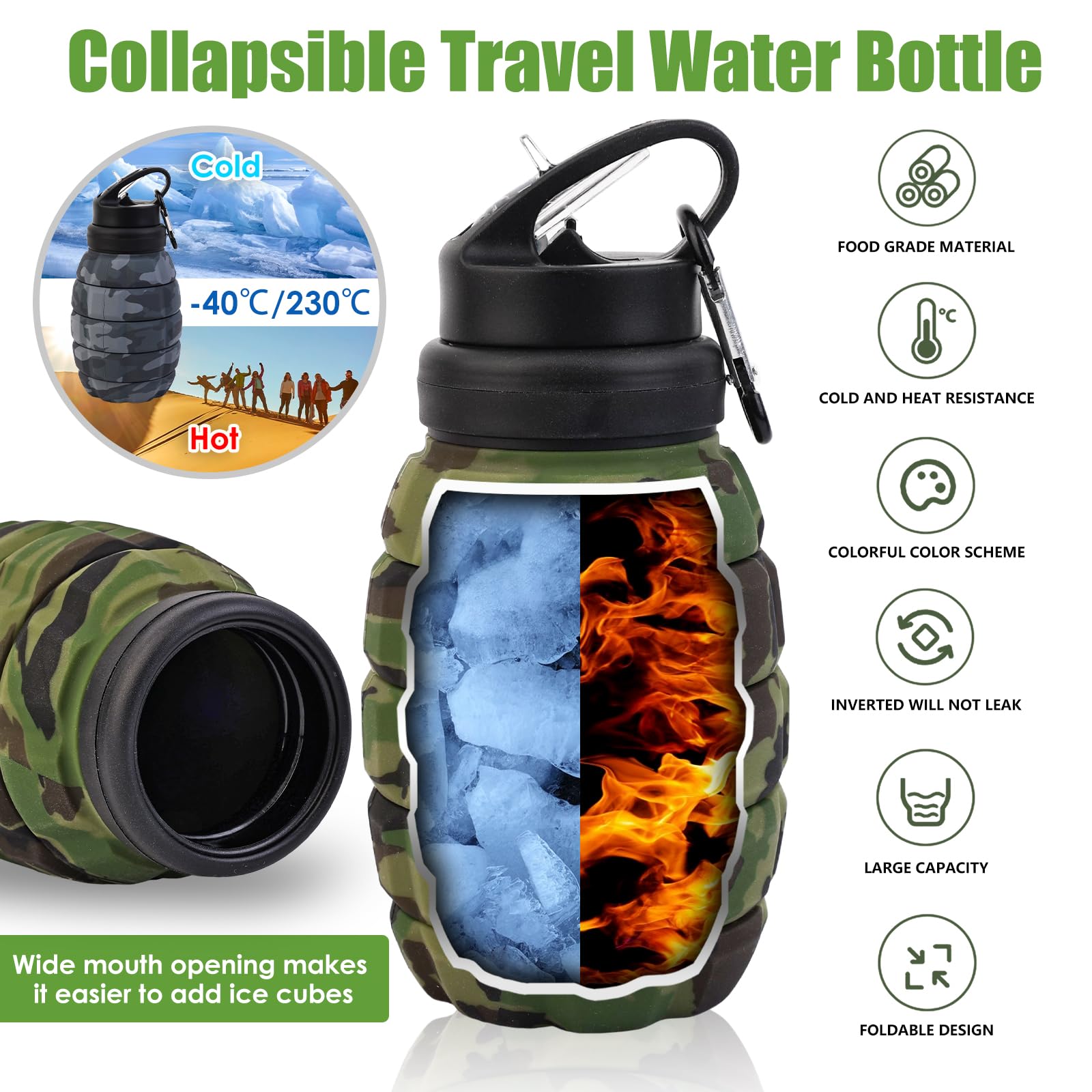 Faltbare Reise-Wasserflasche, wiederverwendbare Silikon-Wasserflaschen für Fitnessstudio, Camping, Wandern, tragbar, auslaufsicher, Sport-Wasserflasche, Armee-Camouflage-Flasche mit (Grün)