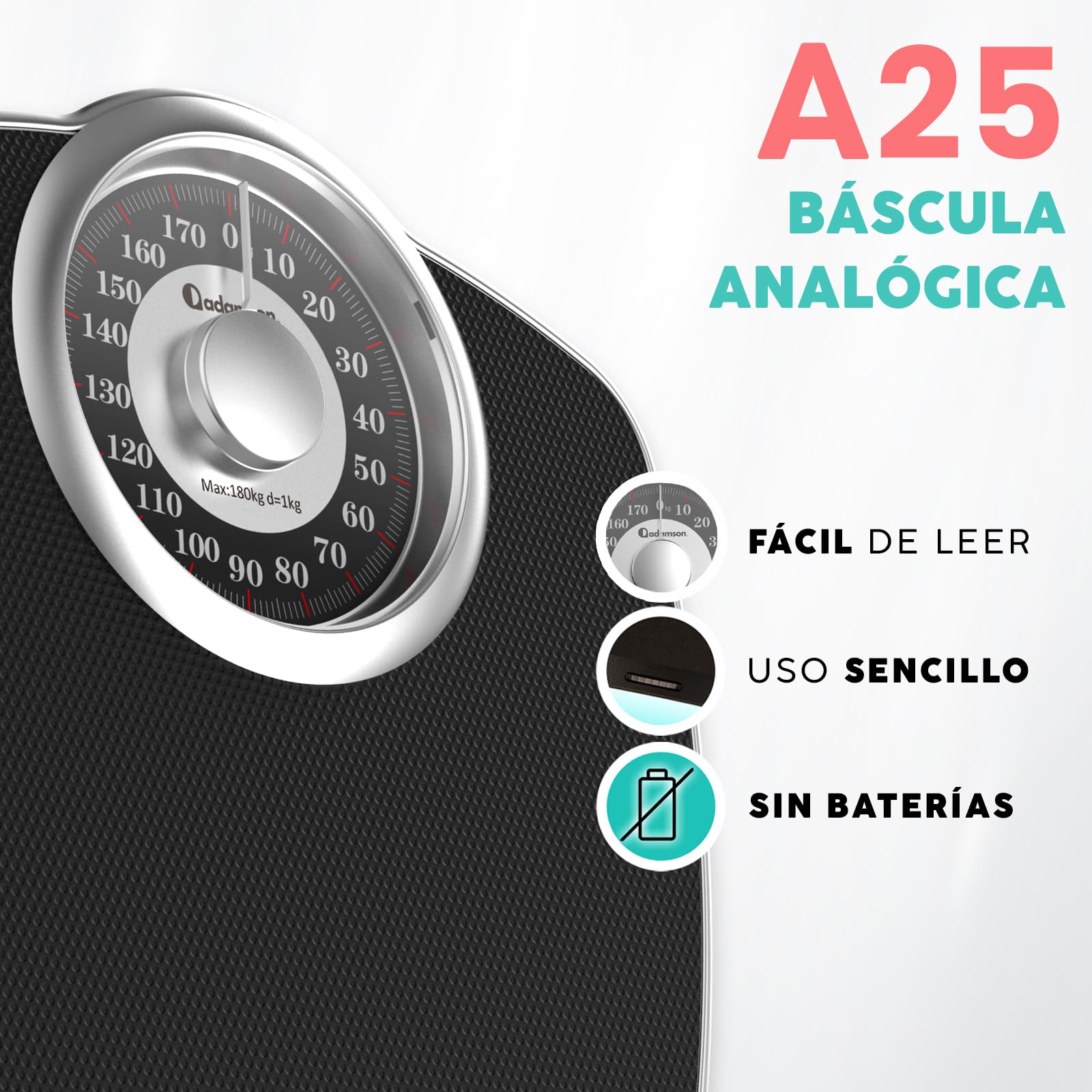 Adamson A25 Báscula Para Peso Corporal - Hasta 180 KG - Esfera de 5,3” en Plataforma de 31x30 CM - Superficie de Goma Antideslizante - Báscula de Baño Analógica - Garantía de 20 Años - Plata