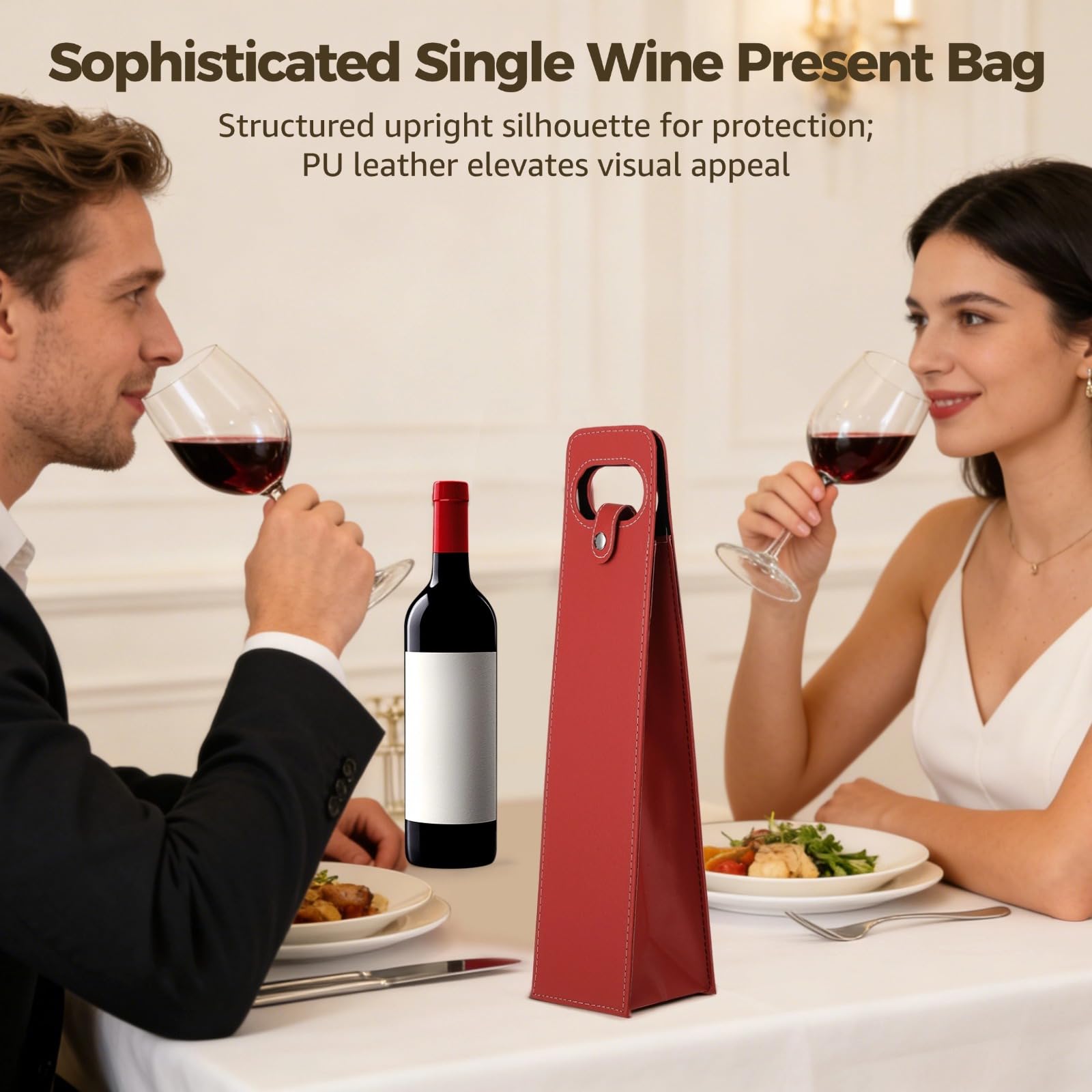 Lot de 12 Sacs Cadeaux pour Bouteille de vin en Cuir PU, Sac réutilisable pour Une Bouteille avec poignée et Fermeture à Bouton, Housse pour Champagne, Mariage, Anniversaire, Noël