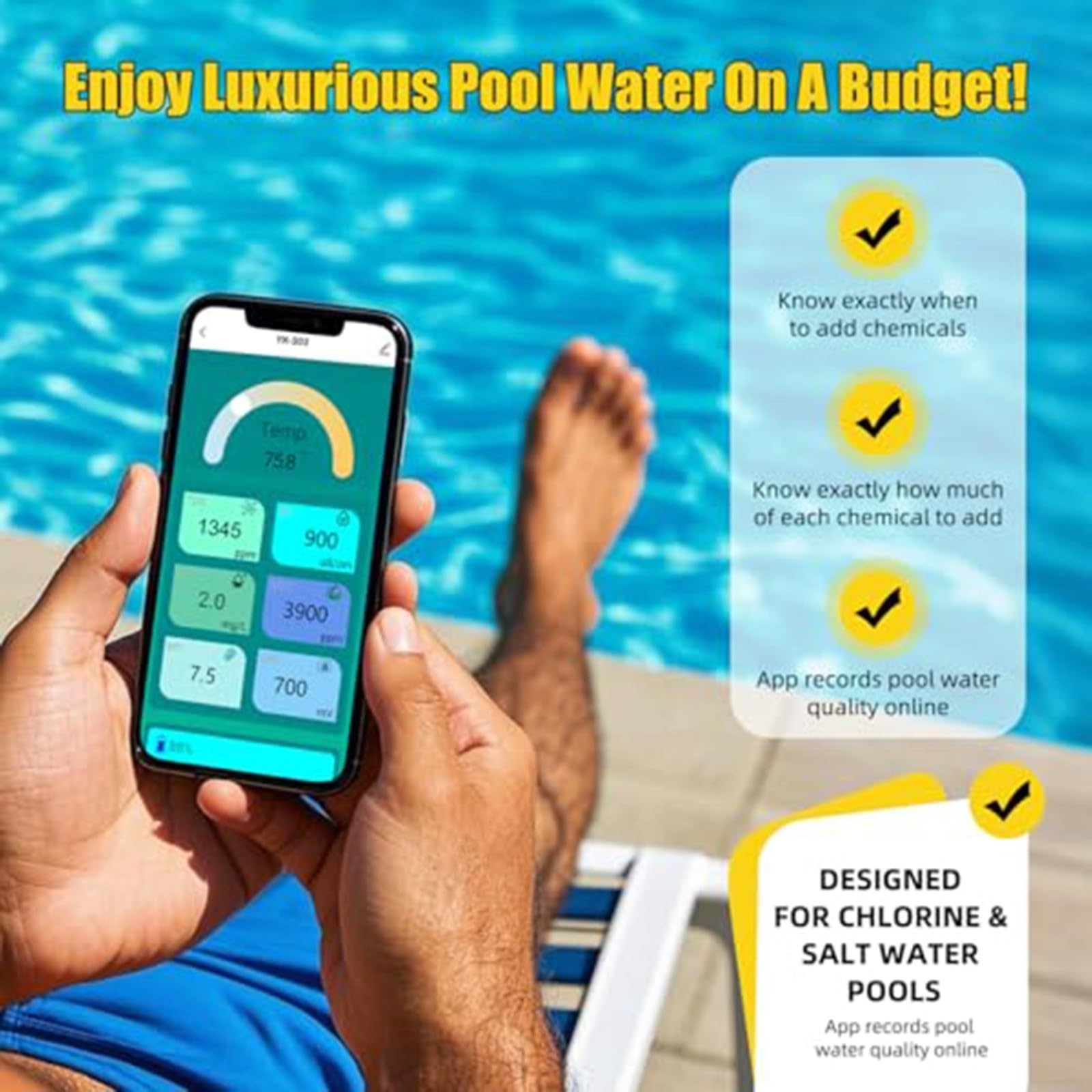 Probador de calidad del agua de la piscina para tuya,Digital pH Salinidad ORP Conductividad Temperatura Piscinas Monitor,Sensor inalámbrico de piscina (B)