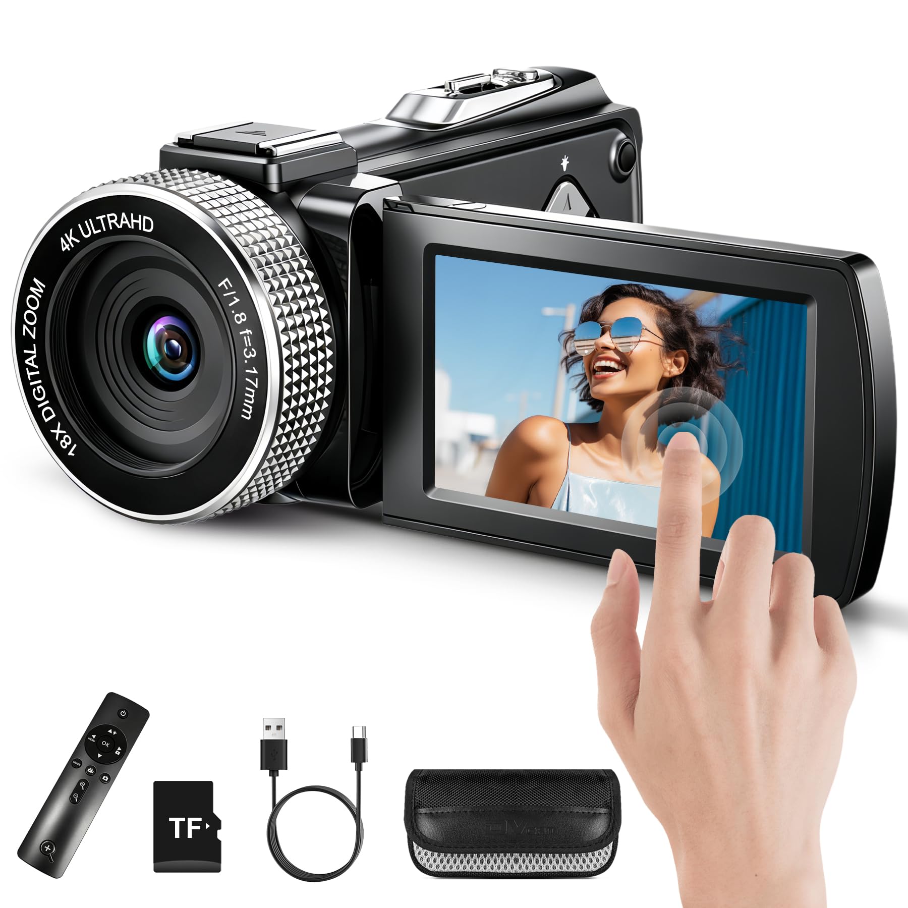 Videocamera digitale 4K, 2026 aggiornata con telecomando e touch screen e messa a fuoco automatica, videocamera digitale per vlogging su Youtube, 48 MP foto 4K 60 FPS, con telecomando/batteria