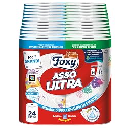 Offerta Foxy Asso Ultra |Asciugatutto 24 rotoli| Veli Plus+ Assorbenti e Resistenti | Decorato|100% Energia elettrica rinnovabile| Confezione riciclabile prodotta con plastica riciclata in sconto oggi