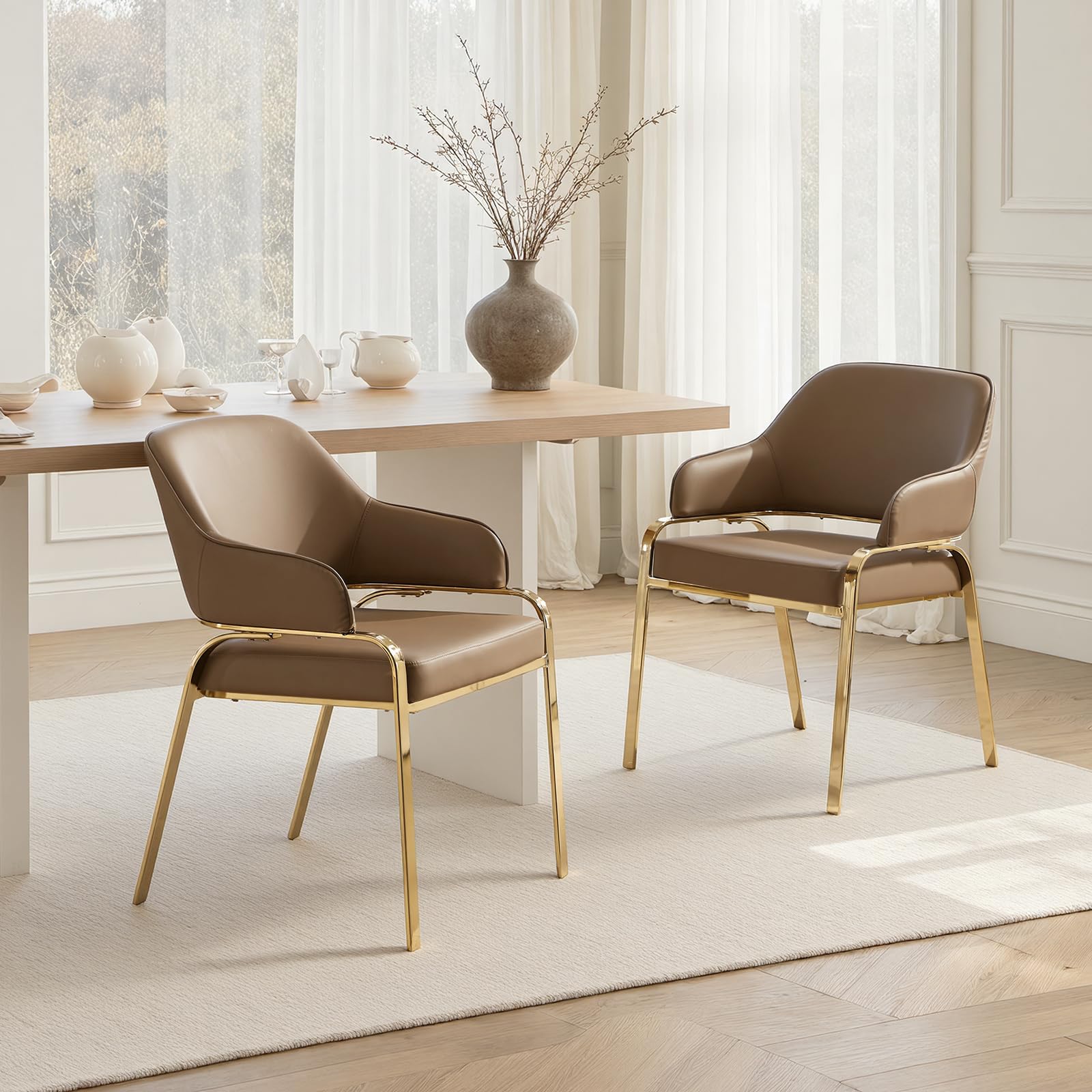DAYALANE Modern Dining Chairs Set of 2, PU Leather Kitchen Chairs with Openwork Backrest and Gold Metal Legs, Armchair for Dining Room Living Room Home Brown