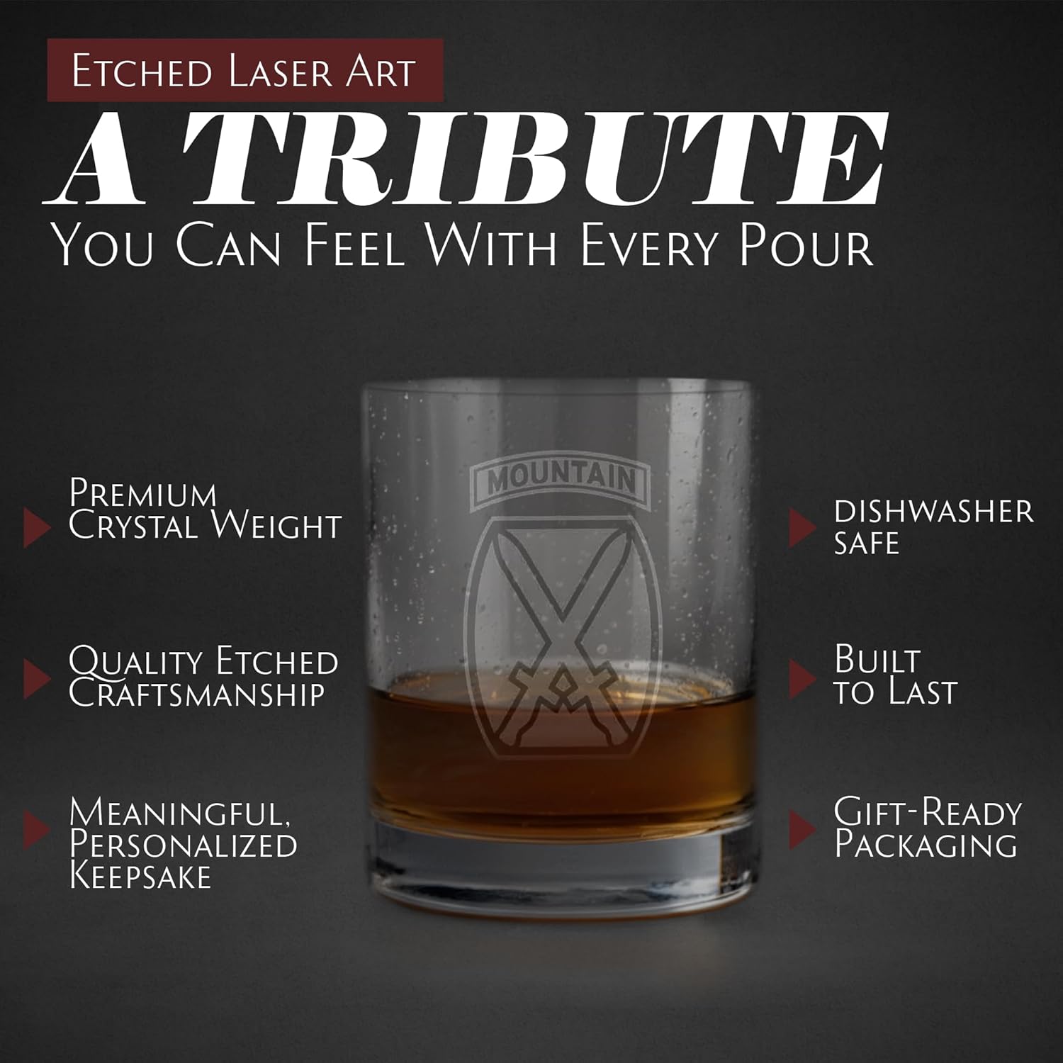 Etched Laser Art Personalized 10th Mountain Division Whiskey Glasses - Crystal Rocks Whisky Glass, US Military, Veterans, Retirement, Birthdays, Christmas, Groomsmen Gifts, Dishwasher Safe - 11 oz