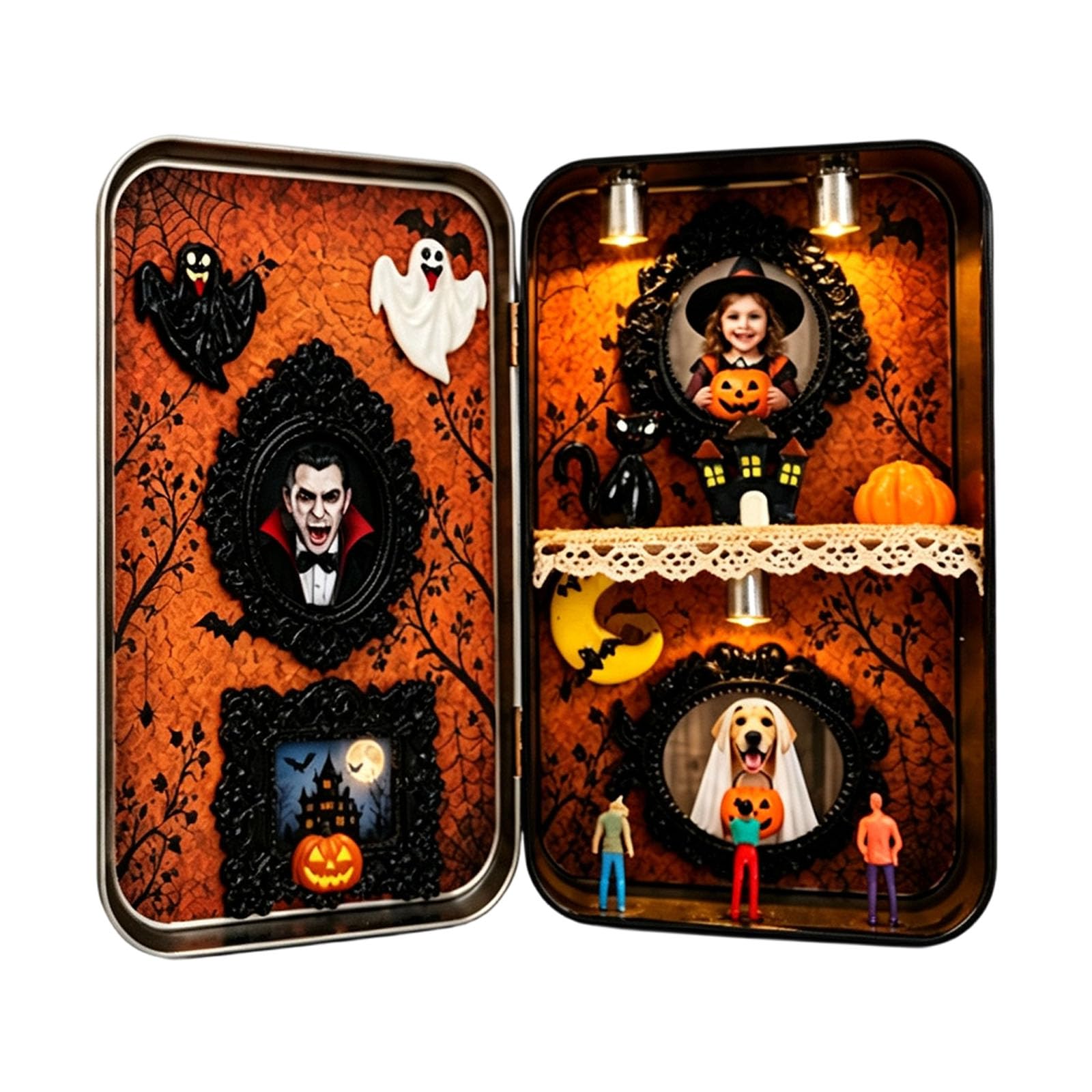 Veltros Halloween Entryway Accent Decor, Iron Picture Frame Layered Miniature Display for Tabletop Mantel Corner Shelf, Tin Box Home Piece Miniature Halloween Scene Picture Frame Layered Shelf