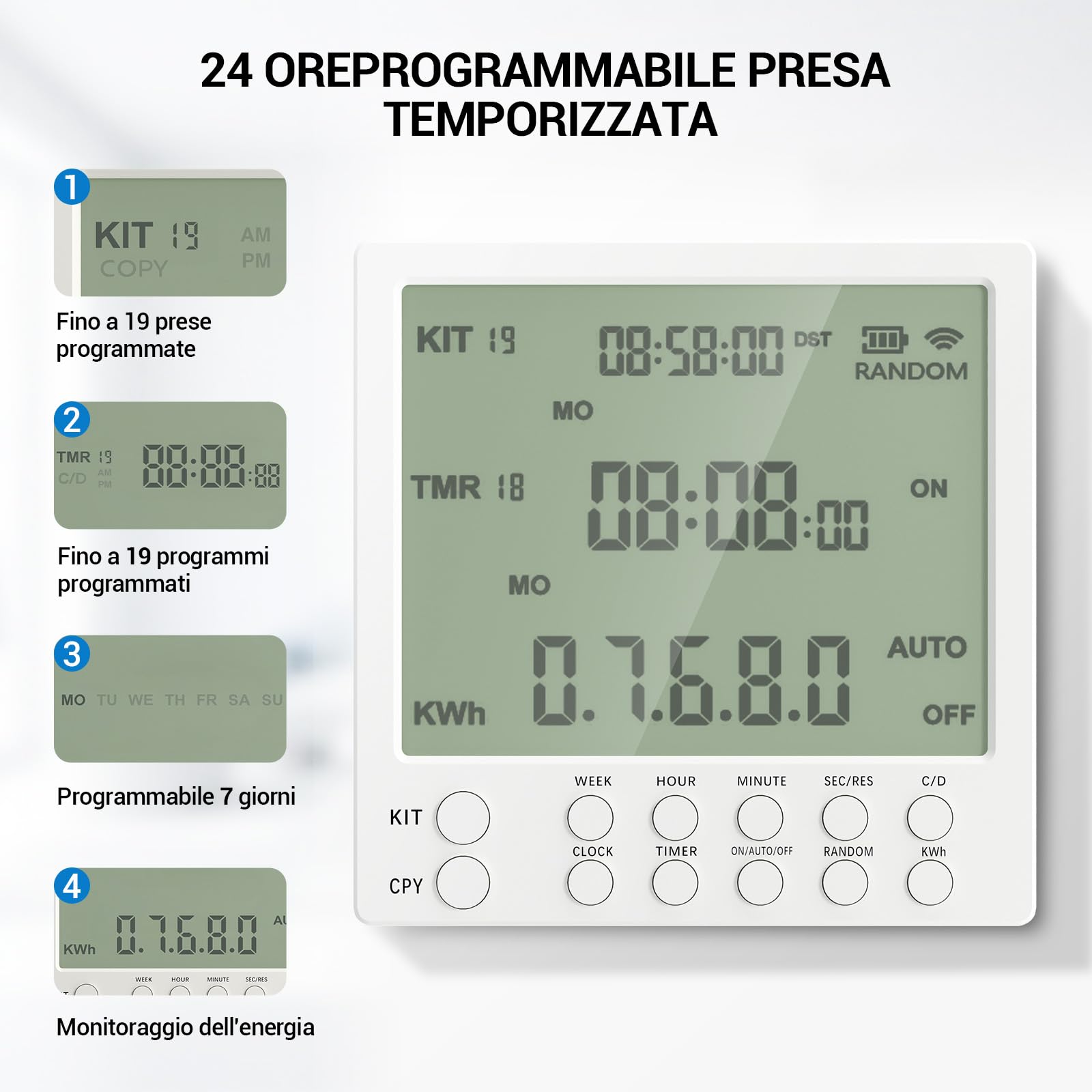 Timer Presa Elettrica 24 Ore con 19 Programmi On/Off, Presa con Timer con Conto alla Rovescia e Modalità Casuale per Sicurezza Domestica, Temporizzatore Presa Elettrica 16A / 230V