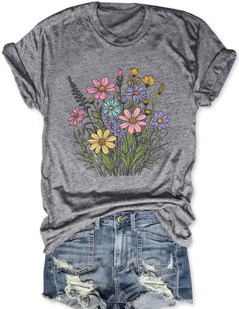 Women Wildflower T Shirt Cute Botanical Flower Shirts Funny Boho Floral Graphic Tees Short Sleeve Tops