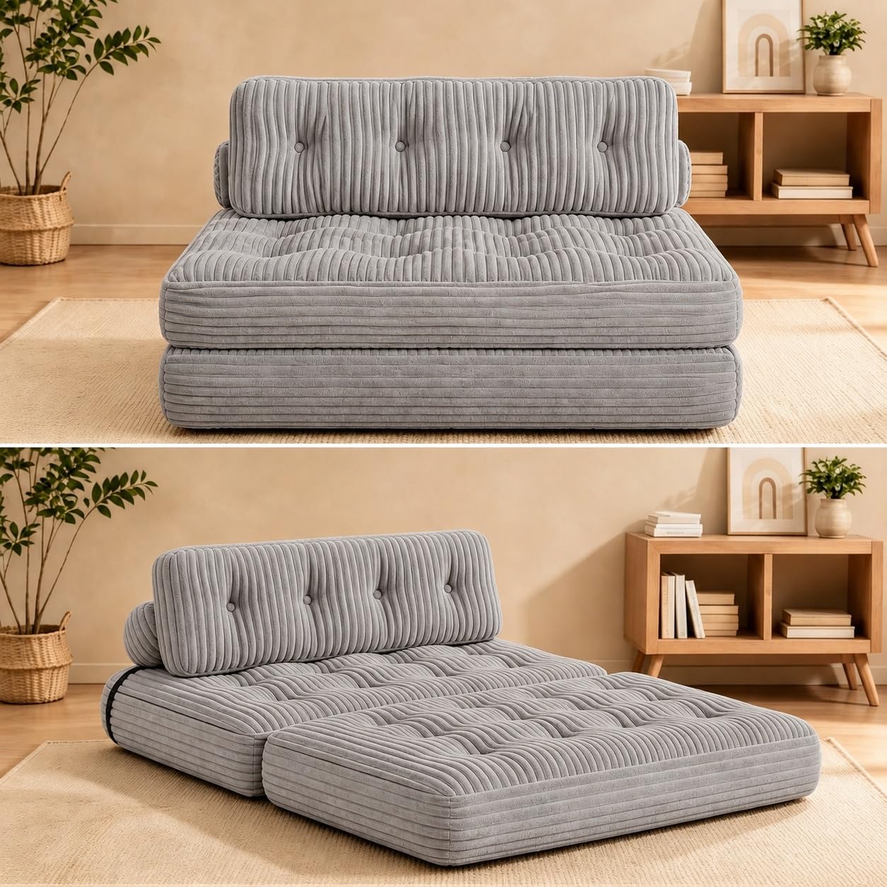Xbro Faltbares Klappsofa 2-in-1 Mit Schlaffunktion, Gästebett Für Kleine Räume, Cordstoff, Verstellbare Kopf- Und Rückenstütze, 180 x 130 cm, Hellgrau