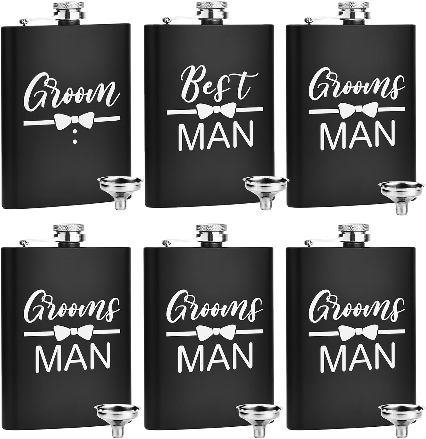 ELEGANTPARK Engraved Groomsman Gifts Set of 6 Groom Best Man Groomsman Flasks Wedding Gifts for Men Bachelor Party Favor Stainless Steel Hip Flask for Liquor with Funnel for Men 8 OZ Black