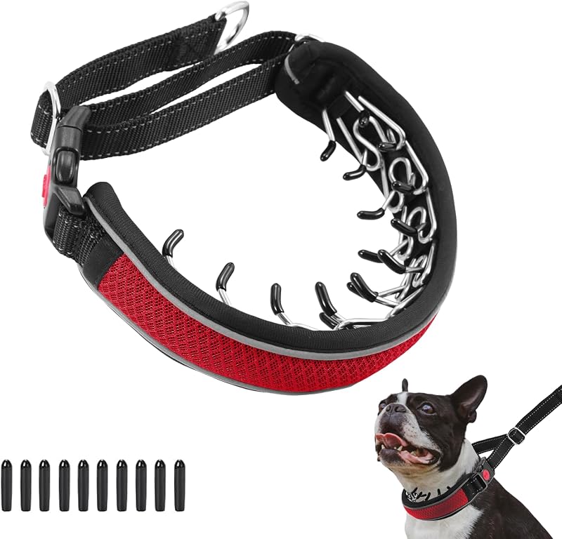 Coleira Martingale para Cães com Corrente de Aço Inoxidável, Nylon Reforçado e Faixa Refletiva AaufiLux, L Vermelha
