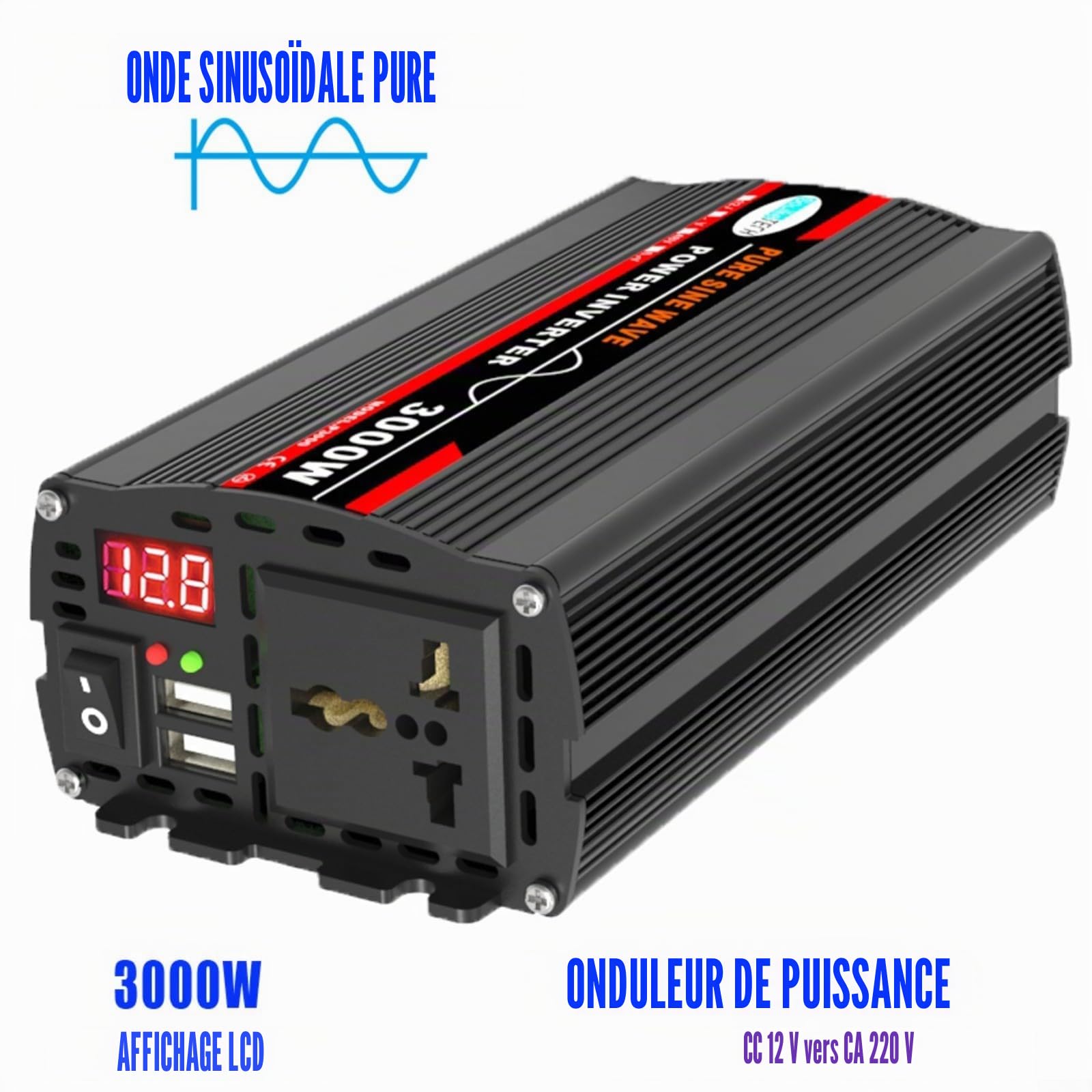 Onduleur sinusoïdal pur 3000 W, écran LCD, convertisseur de voiture, pour panneaux solaires, appareils ménagers (12 V à 220 V)