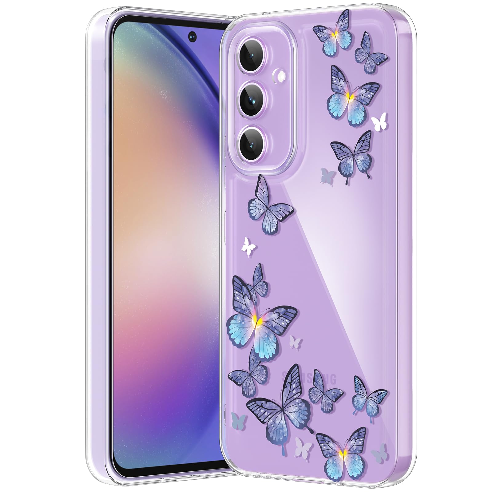 for Galaxy A54 5G Phone Case, Clear Case with Cute Butterfly Pattern Design for Girls Women, Slim Soft TPU Shockproof Protective Aesthetic Phone Cover for Samsung A54 (Purple Butterfly)