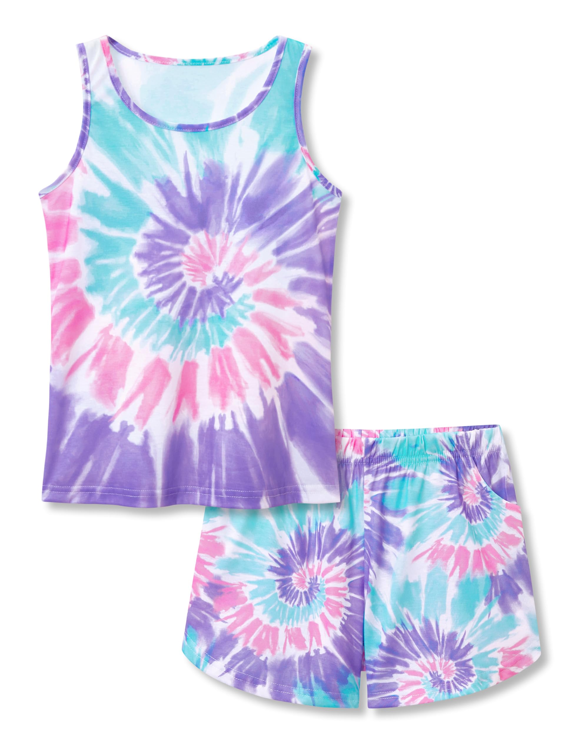 Topgal Summer Pajamas for Little/Big Girls - Tie Dye Kids' Tank Top & Shorts 2-Piece Sleepwear Set Size 6-18