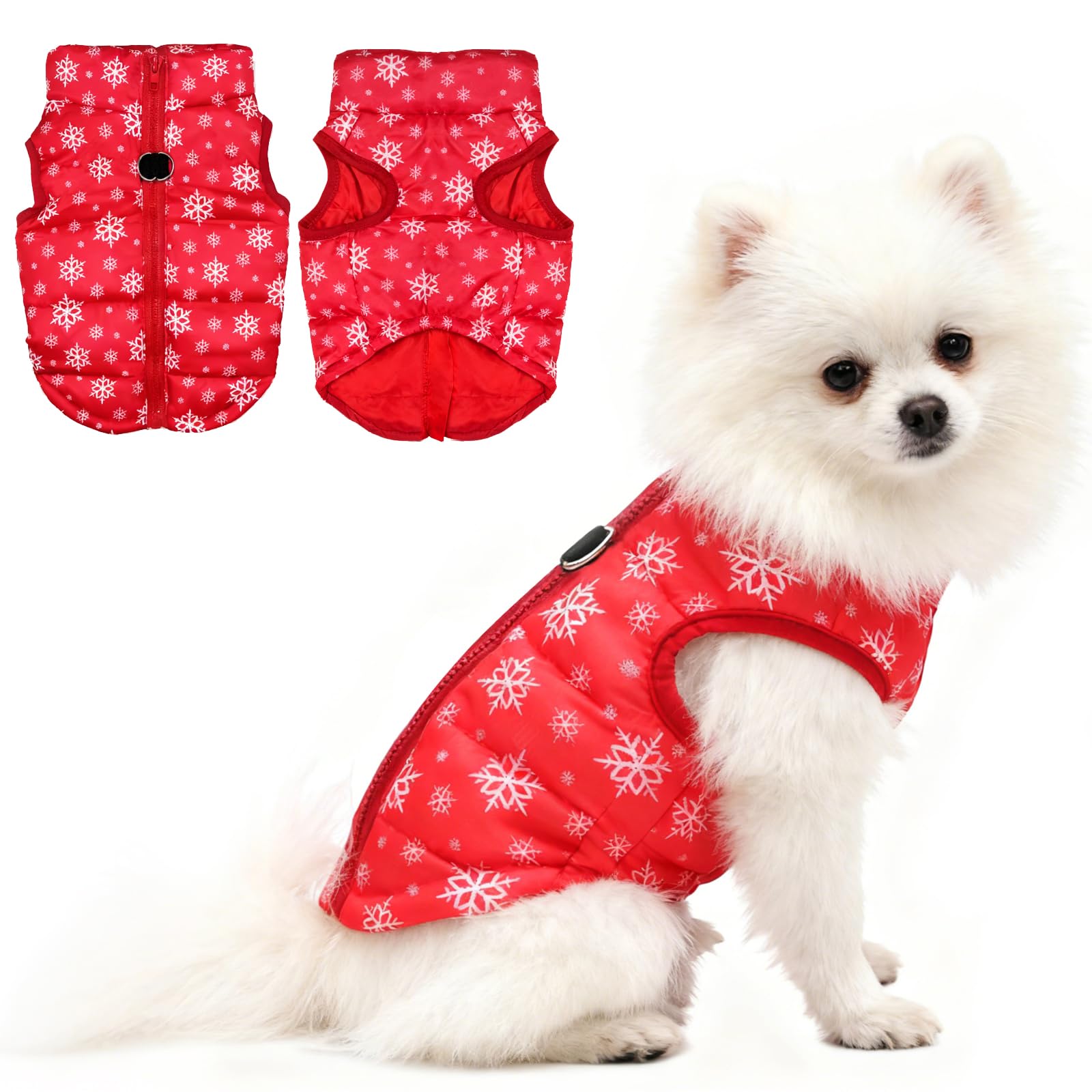 Idepet Pet Dog Cat Coat with Leash Anchor Color Patchwork Padded Puppy Vest Jacket Teddy Chihuahua Costumes Pug Cloth XS S M L(XX-Large,Red-Snowflake)