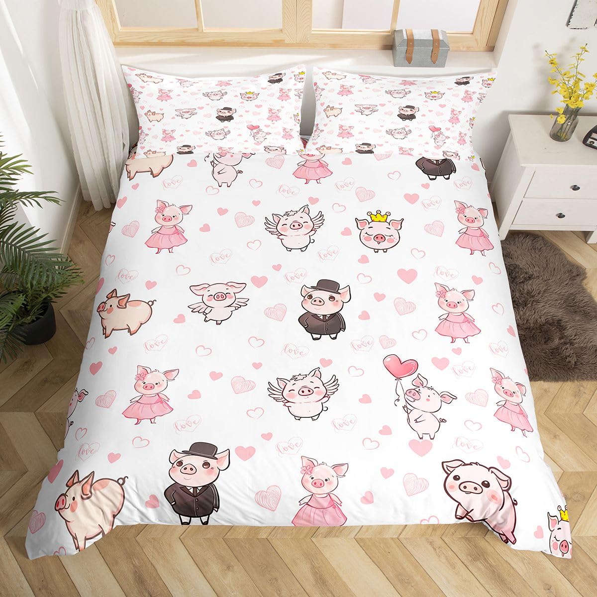 Homewish Kreskówka świnka król pościel miłość serce poszewka na kołdrę zestaw korona kawaii różowa świnka ręcznie rysowana poszewka na kołdrę skrzydła garnitur spódnica balon pościel zestawy łóżek