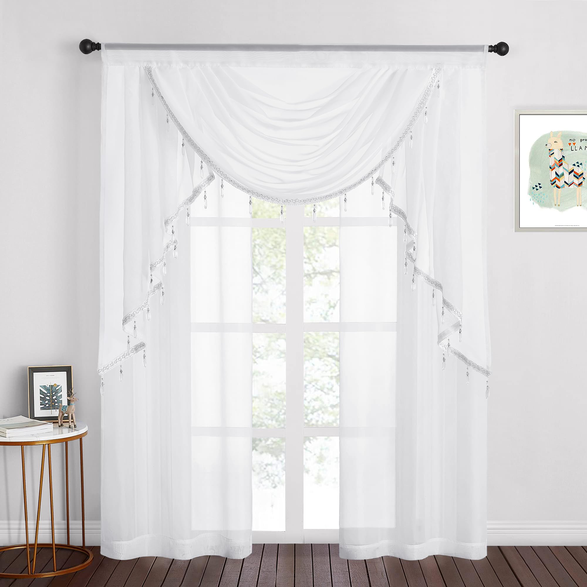 NICETOWN 2 Panels 37" x 84" Grommet White Sheer Curtains with 1 Piece Rod Pocket 39" x 40" White Waterfall Sheer Valance