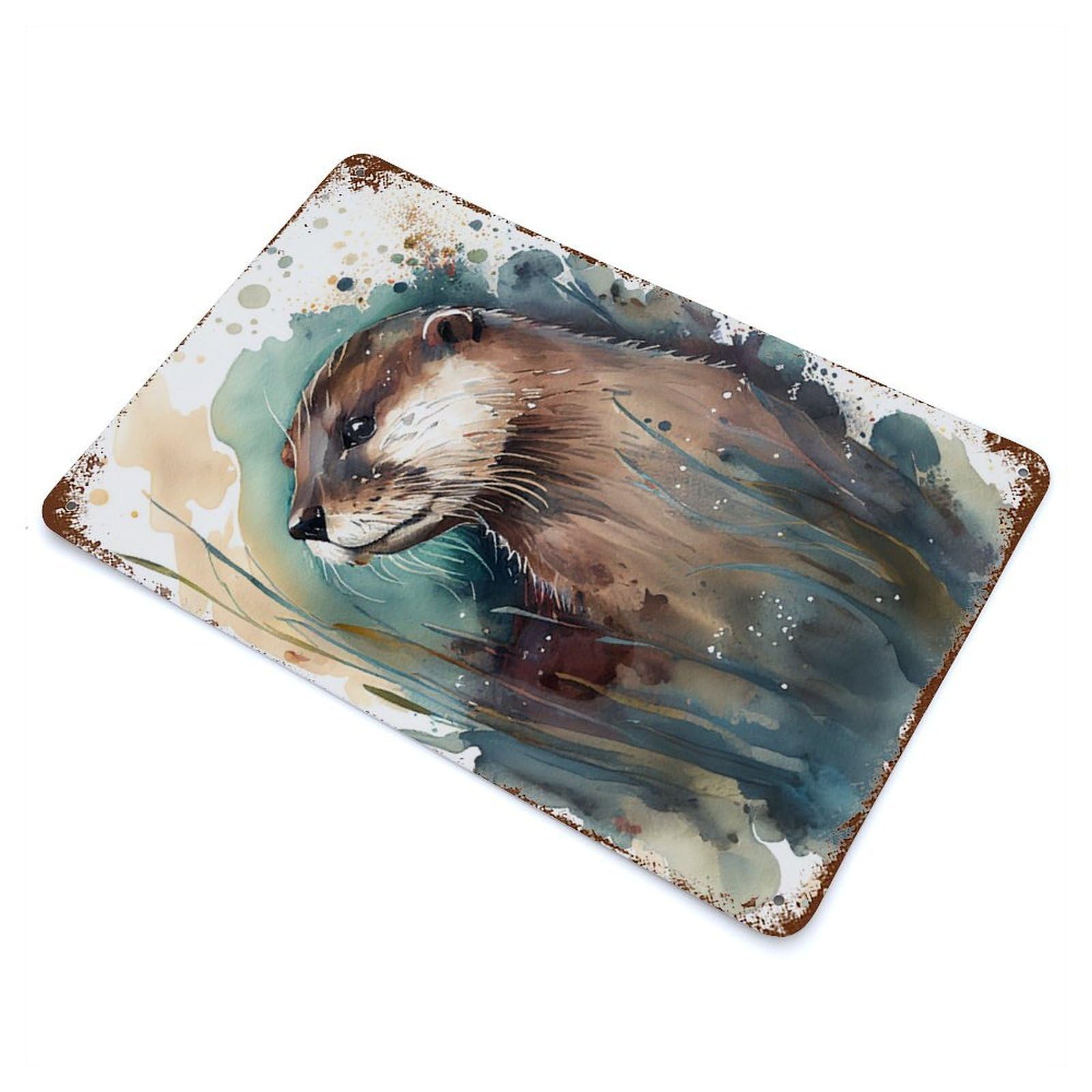 Garage Style Otter Watercolor Distressed Metal Wall Sign 11.8"x7.9", Retro Wall Decor for Bar And Workshop