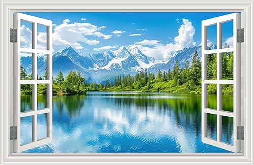 Adhesivo mural de pared falso para ventana, montaña, lago, bosque, árbol, pared, pared, autoadhesiva, decoración para póster, paisaje natural (48 x