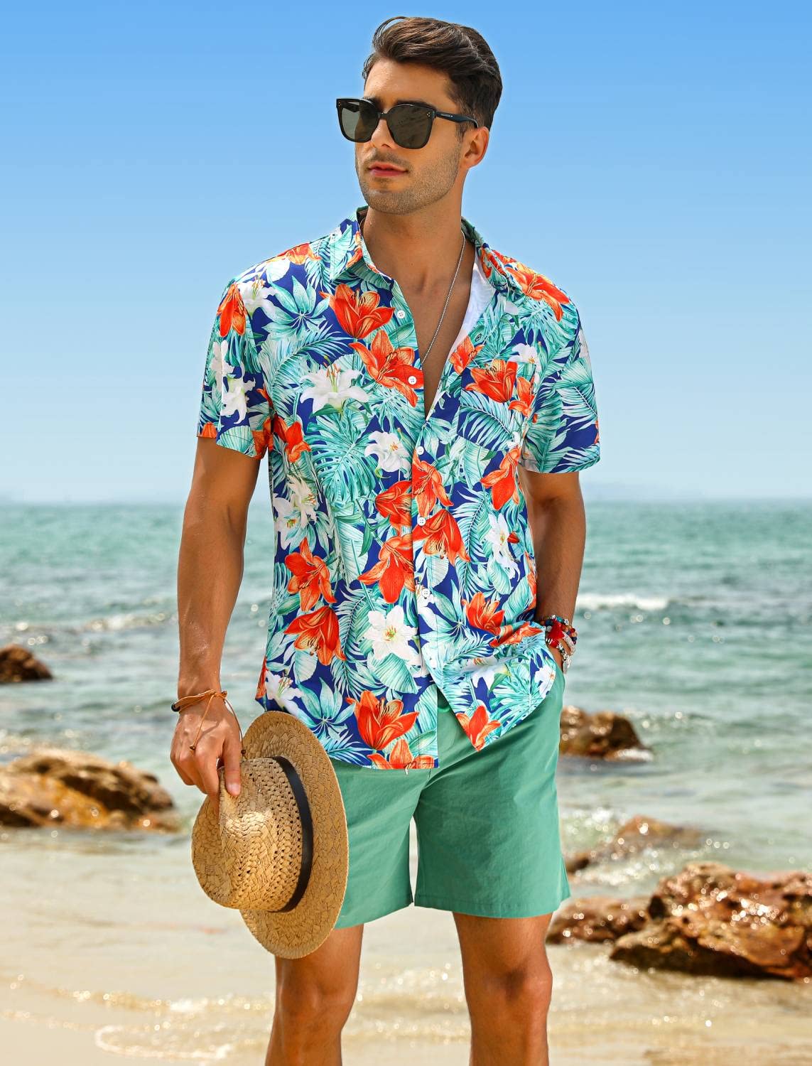 EISHOPEER Herren-Blumenhemd, Hawaii-Sets, lässig, Button-Down-Kurzarmhemd und solide, schnell trocknende Strand-Shorts, S-3XL