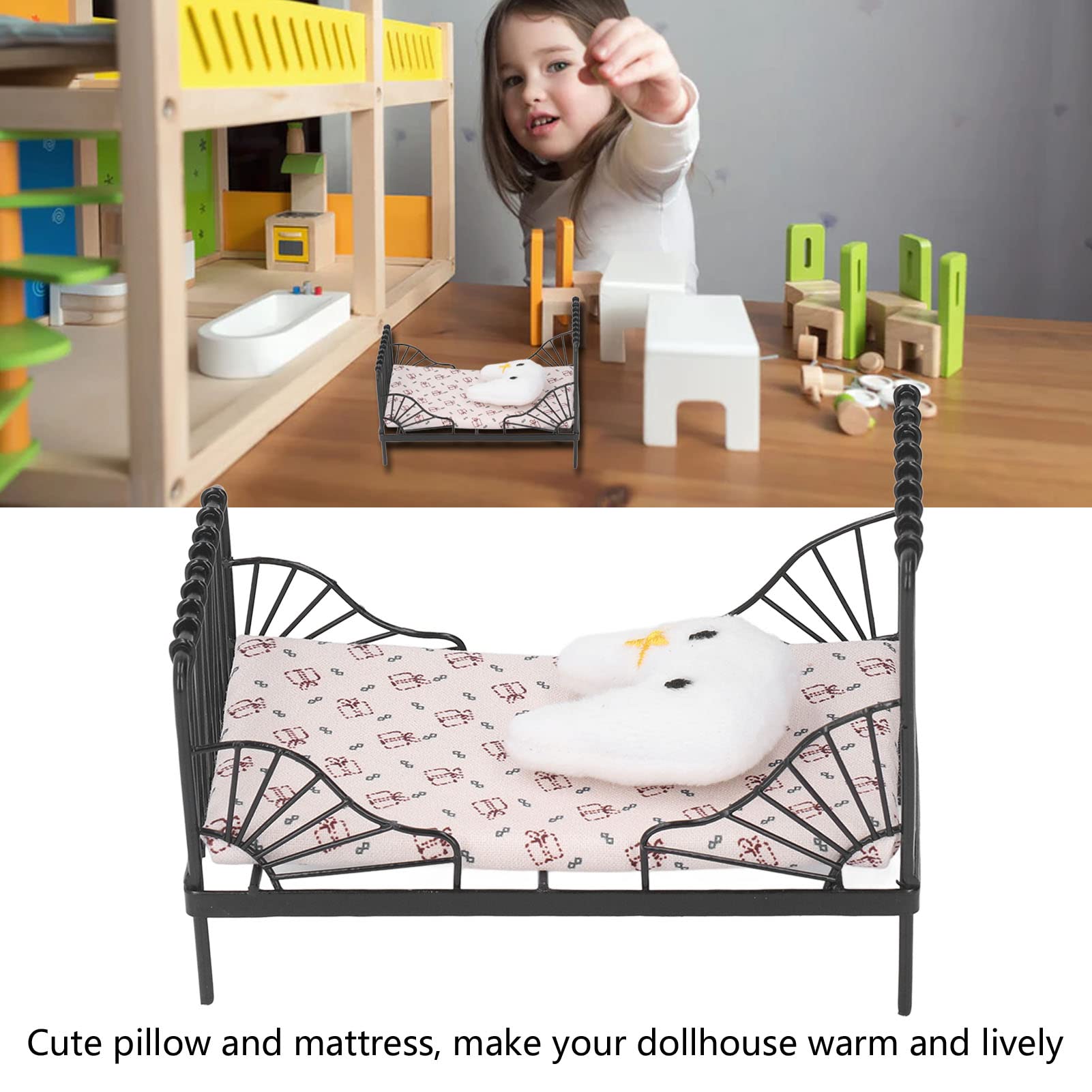 Lit De Poupée 1:12 Avec Matelas Et Oreiller – Fer Et Tissu, 16,5x11,9x14 Cm, Blanc, Pour Maison De Poupée Miniature Et Jeu Créatif