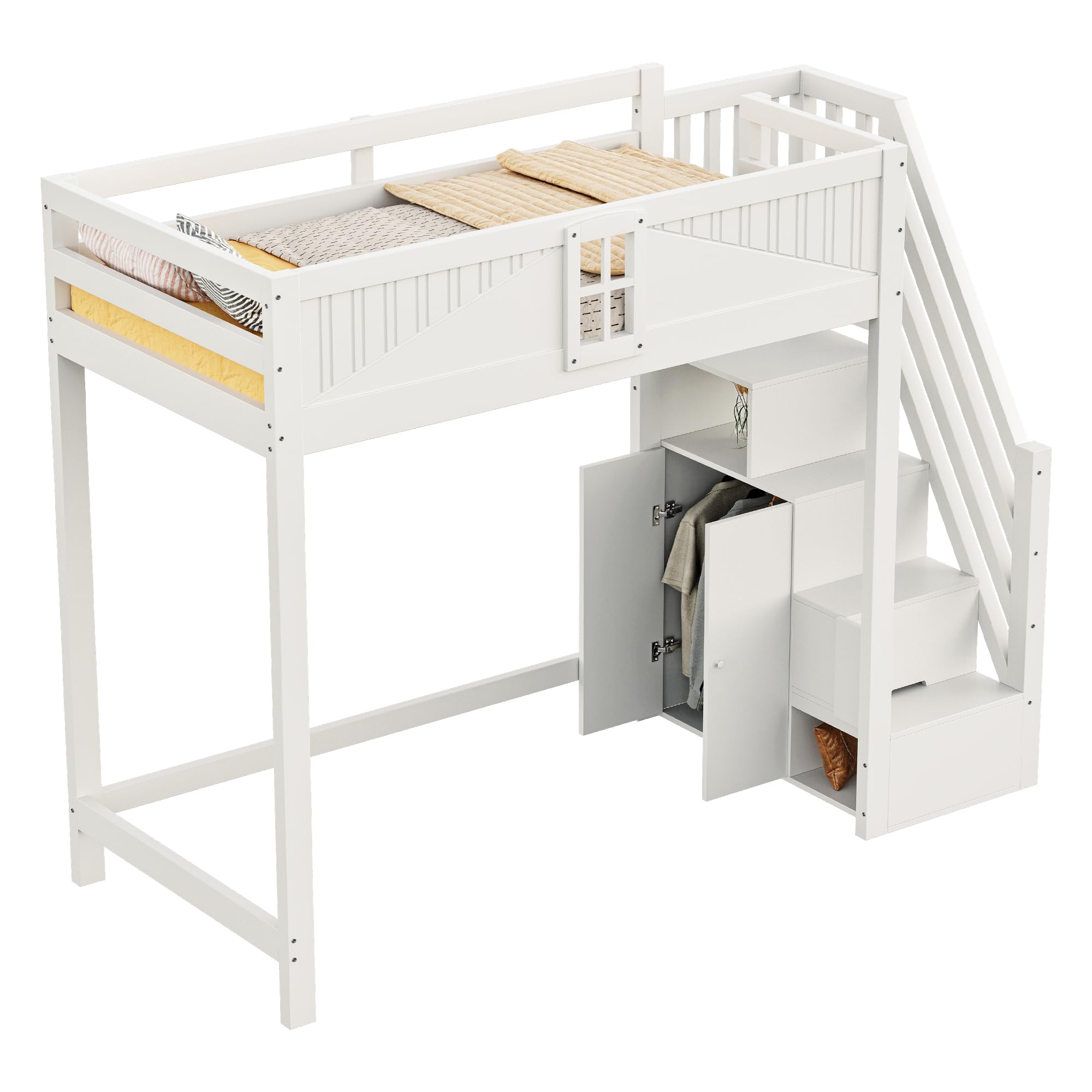Azkoeesy Letto a soppalco per bambini con scala e armadio, 90 x 200 cm, in legno di pino, grigio-bianco, design a forma di finestra, per adulti e ragazzi (bianco)