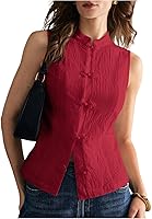 SHENHE Women's Linen Tank Top: Chinese Frog Button Mandarin Collar Sleeveless Shirt for Elegant Outfits