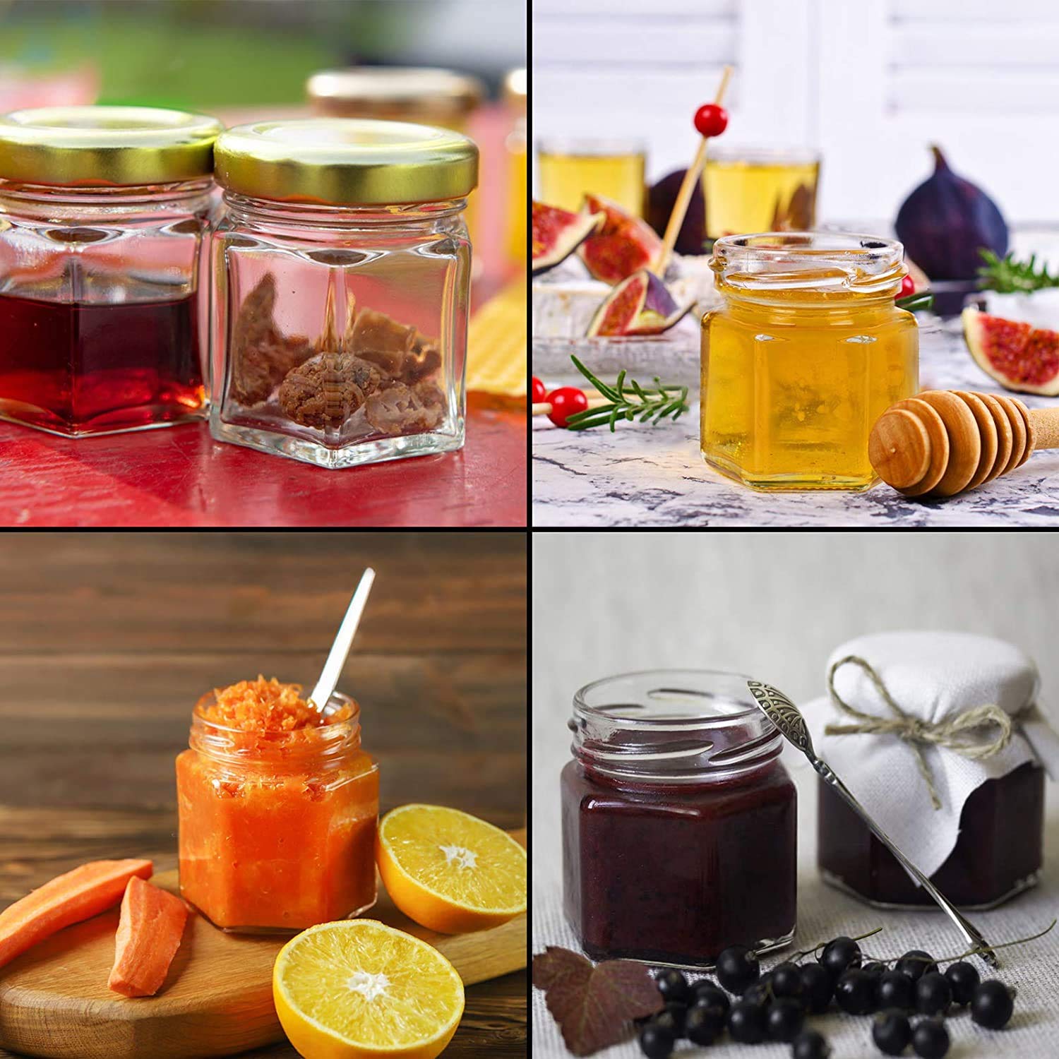Barattoli esagonali in vetro da 42.5 g, con coperchio a vite dorato, confezione da 24 barattoli da 45 ml, per marmellate, frutta, noci, gelatine, alimenti per bambini o dessert fatti a mano