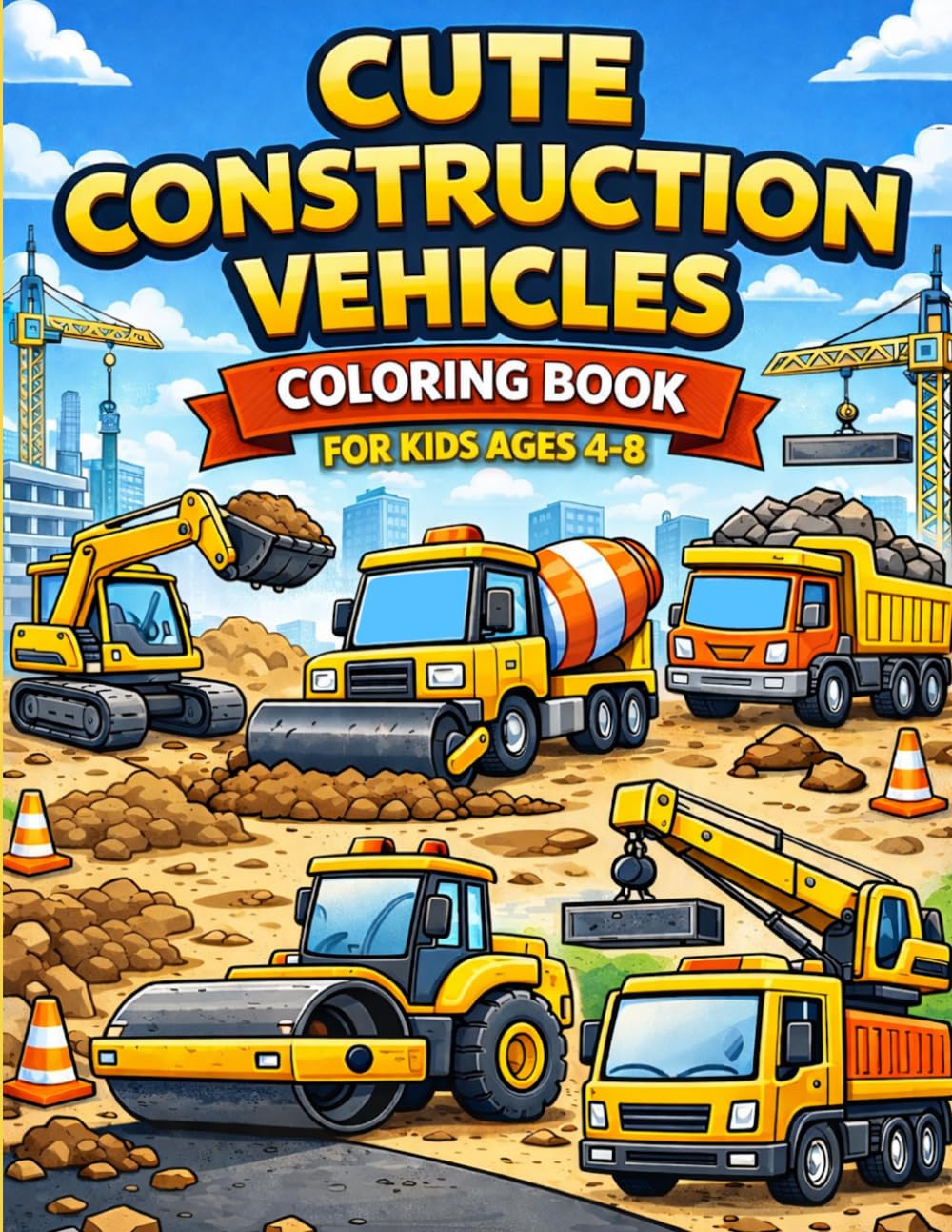 Cute Construction Vehicles Coloring Book for Kids Ages 4–8