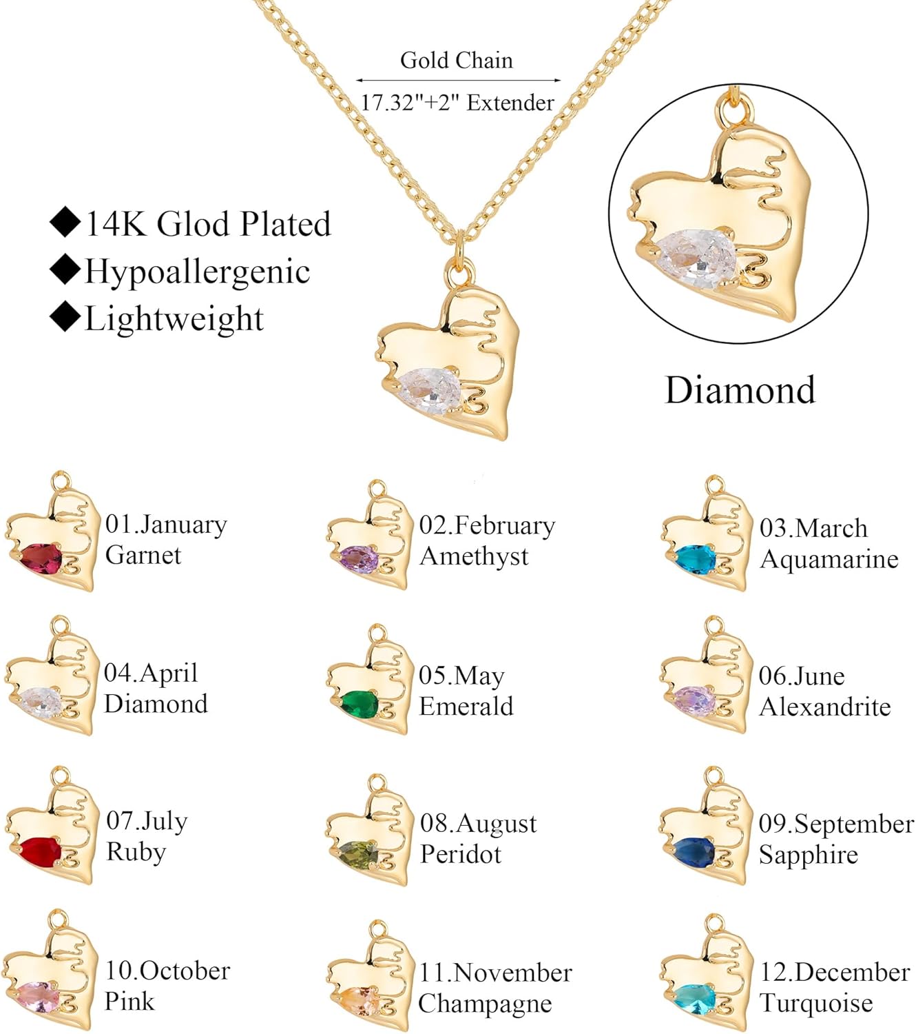 Heart Necklace for Women, 14K Gold Plated Birthstone Necklace Cubic Zirconia Heart Pendant Necklace Birthday Gifts for Women - Image 4
