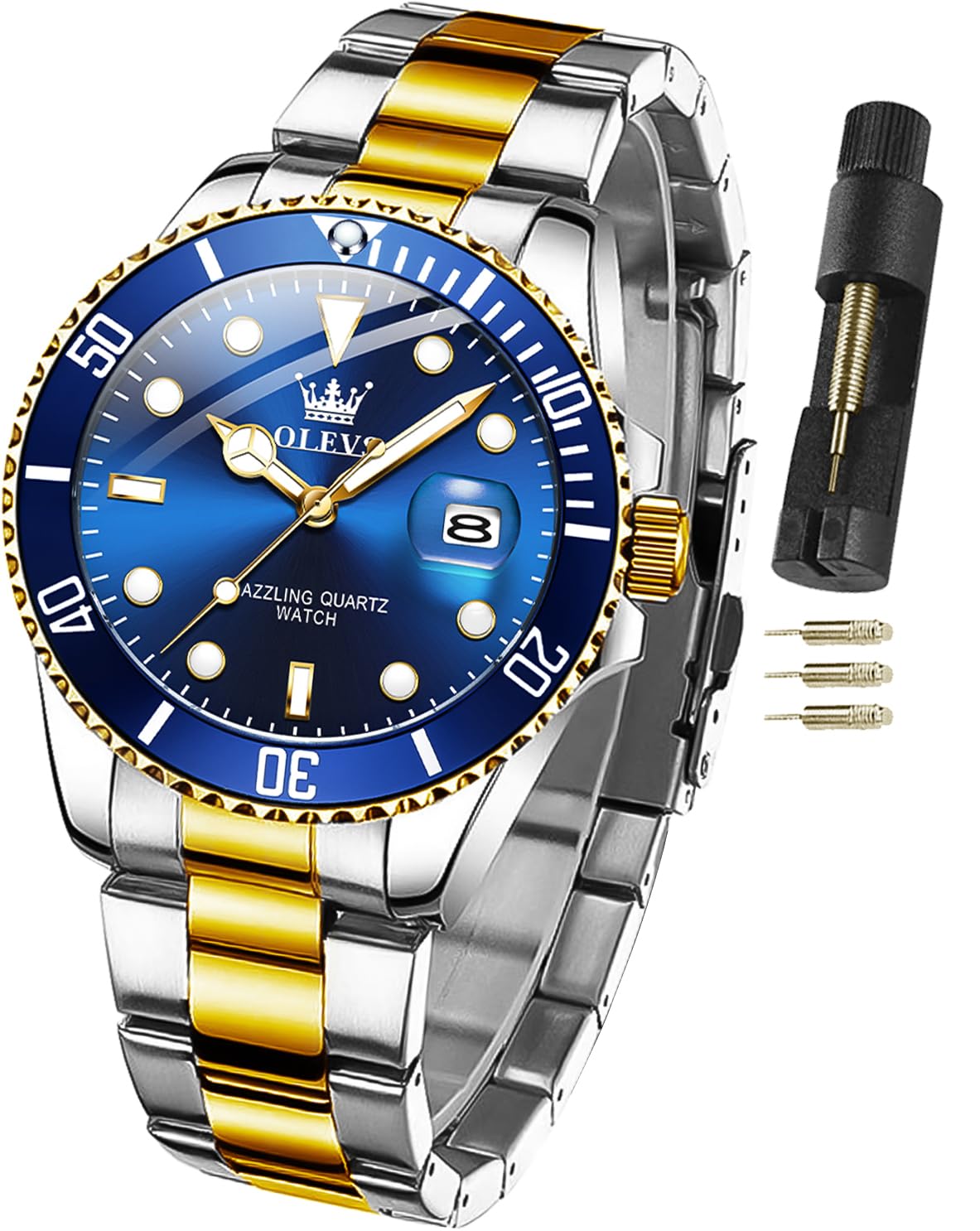 OLEVS Watches for Men Classic with Date Business Dress Luxury Big Face Green/Black/Blue Waterproof Luminous Mens Wristwatch Analog Two Tone Stainless Steel Male Watch