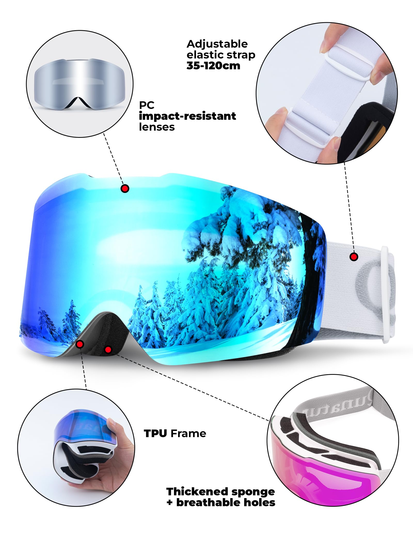 Gogle Narciarskie Gogle Śniegowe Ochrona UV Damskie/Męskie Przeciwmgielne Oddychające Kompatybilne z Kaskiem Gogle Snowboardowe dla Osób Noszących Okulary, Jazda na Nartach/Snowboardzie