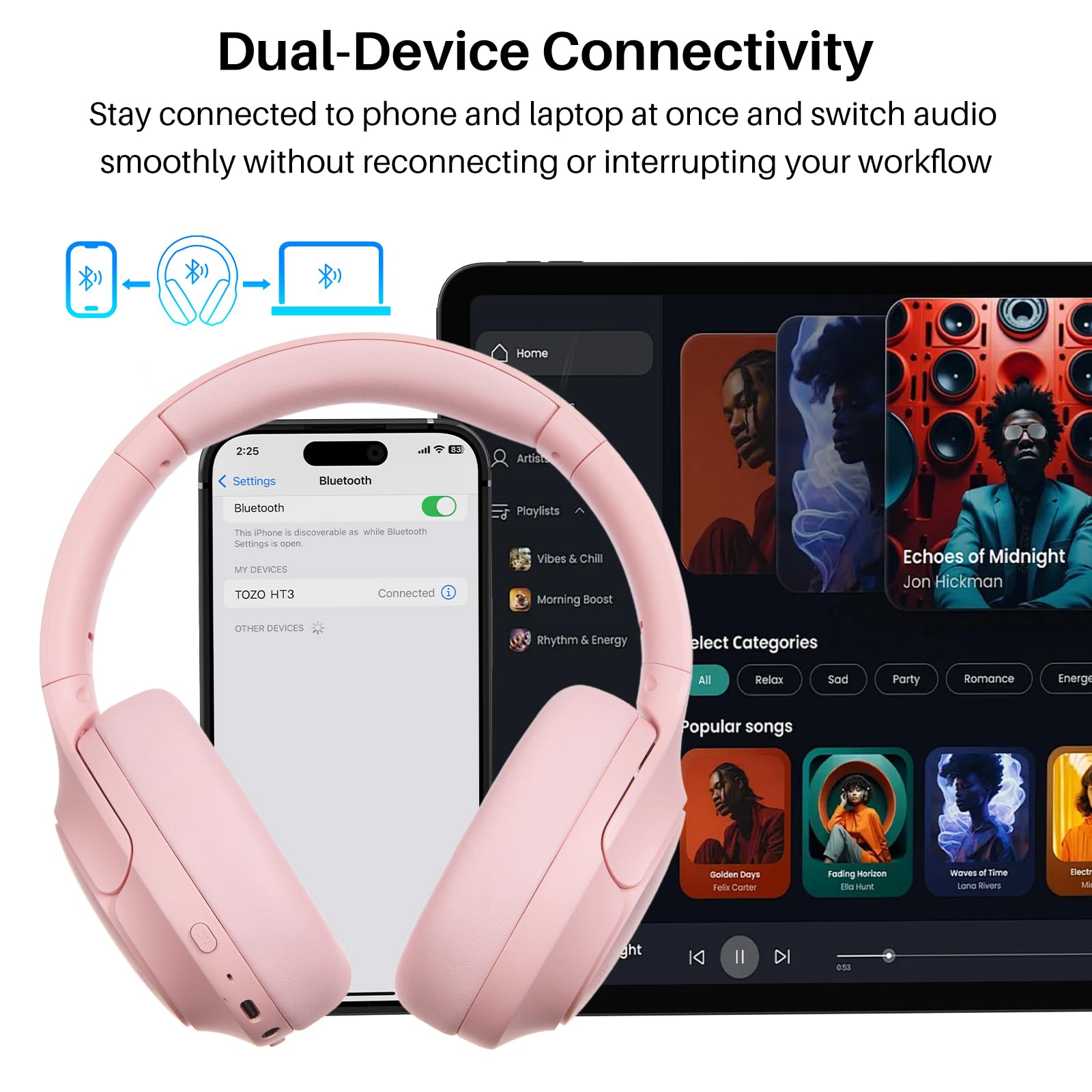 TOZO HT3 Słuchawki Bluetooth z hybrydowym ANC, 5 mikrofonów do wyraźnych połączeń, przestrzenny dźwięk Hi-Res, czas pracy 90 godzin, 32 EQ, połączenie wielopunktowe, składana konstrukcja z kablem 3,5