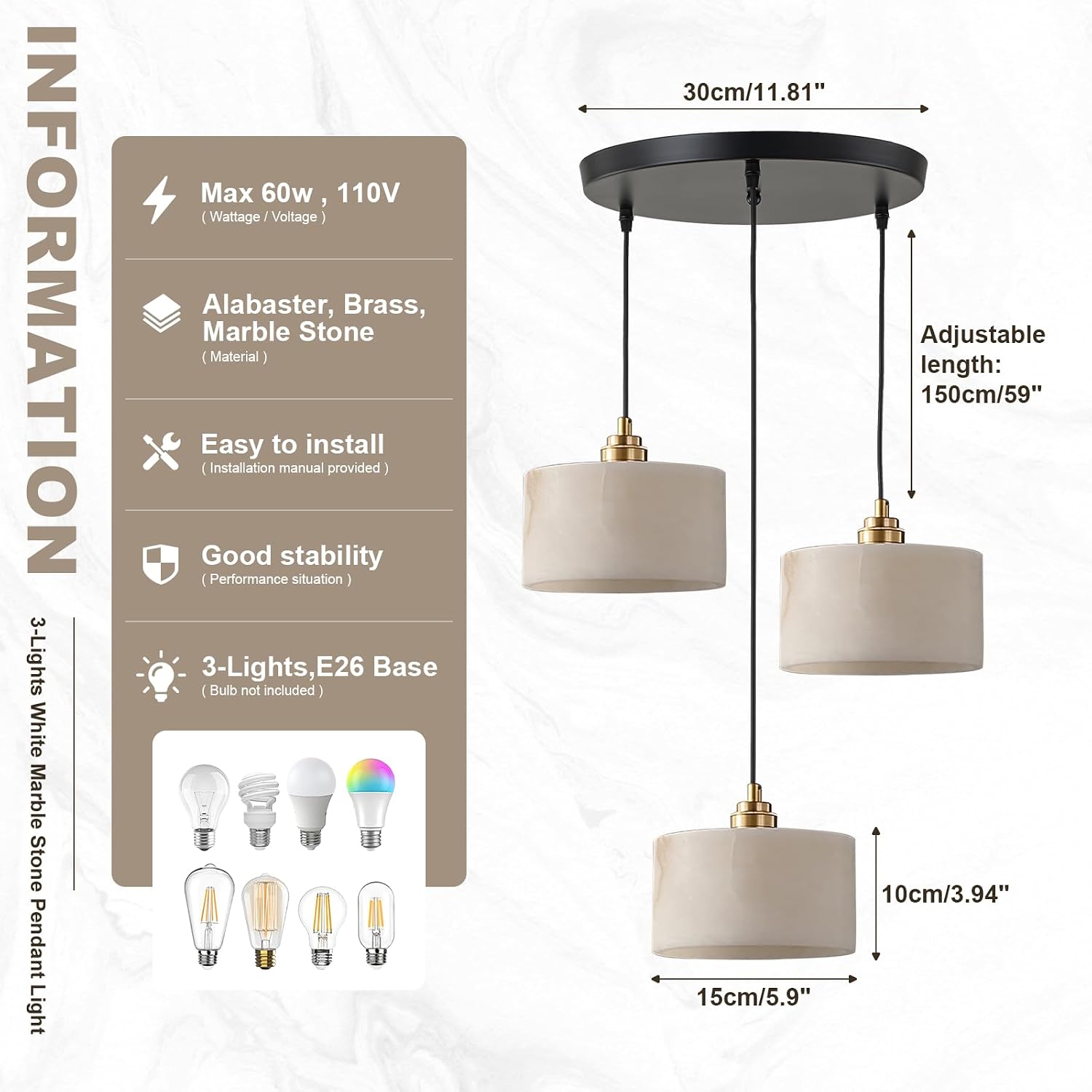 3-Light Gold Chandelier White Alabaster Stone Pendant Light Fixture Contemporary Marble Hanging Lamp E26 Base for Dining Room Kitchen Island Bedroom Over Table, Cluster Ceiling Fixtures