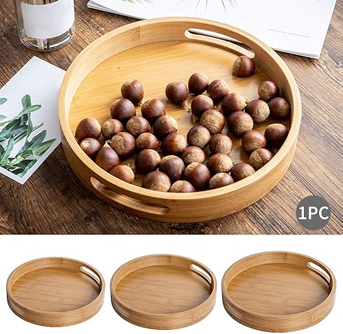 Miniatura 8 de Bandeja redonda de madera de bambú con asas, mesa de té y café, bandeja decorativa de almacenamiento de alimentos para servir bebidas y alimentos en